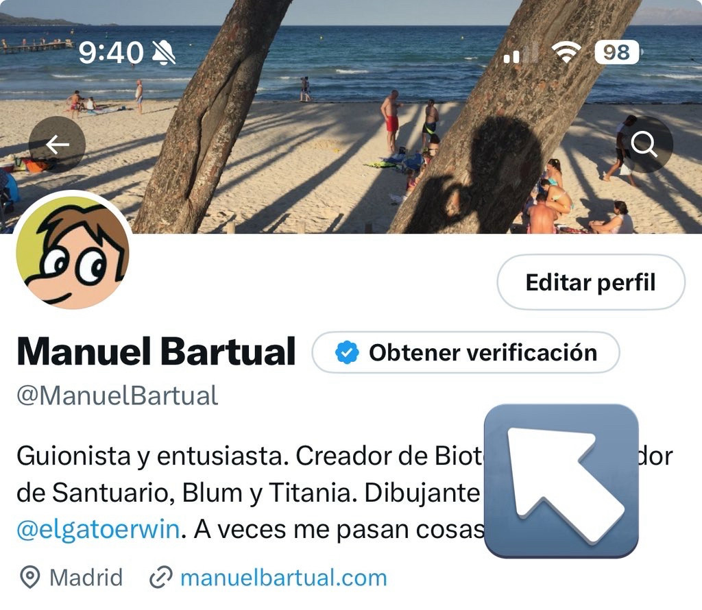 Captura de mi perfil en Twitter. Han añadido un botón de verificado junto a tu nombre para invitarte a que pagues el verificado.