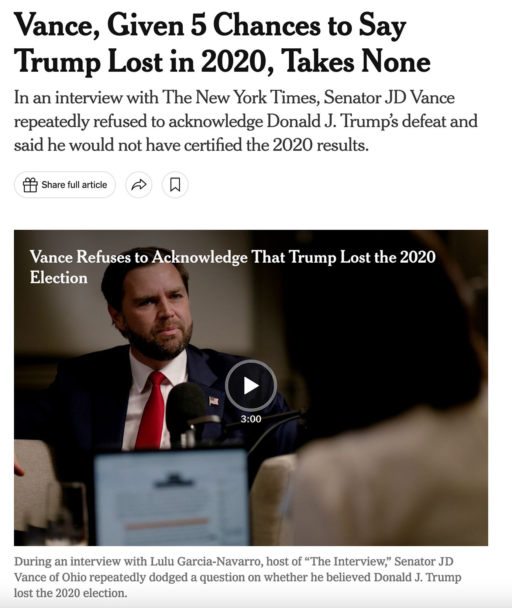 Screen shot of NYT article titled "Vance, Given 5 Chances to Say Trump Lost in 2020, Takes None," and illustrated with a video depicting Vance refusing to acknowledge that Trump lost.