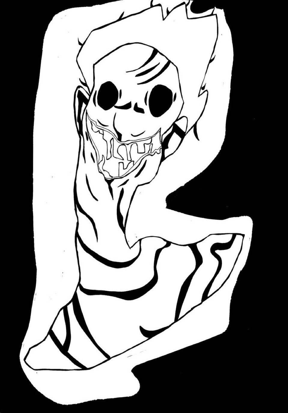 A black and white drawing of a Dead by Daylight killer, the unknown. 