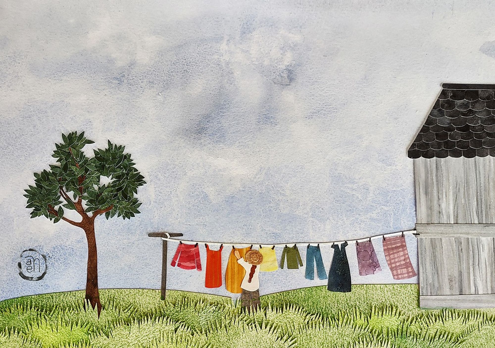 A cut paper illustration shows a woman hanging laundry on a line. There is a tree to her left and a grey wood structure to her right. The clothes are in rainbow colors. There is a big sky above her and textured grass below.