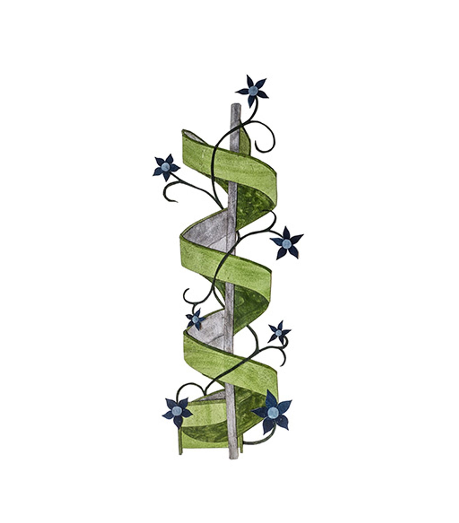 A cut paper illustration showing a green and silver spiral slide that has no ladder attached. A vine of blue flowers weaves around the slide.