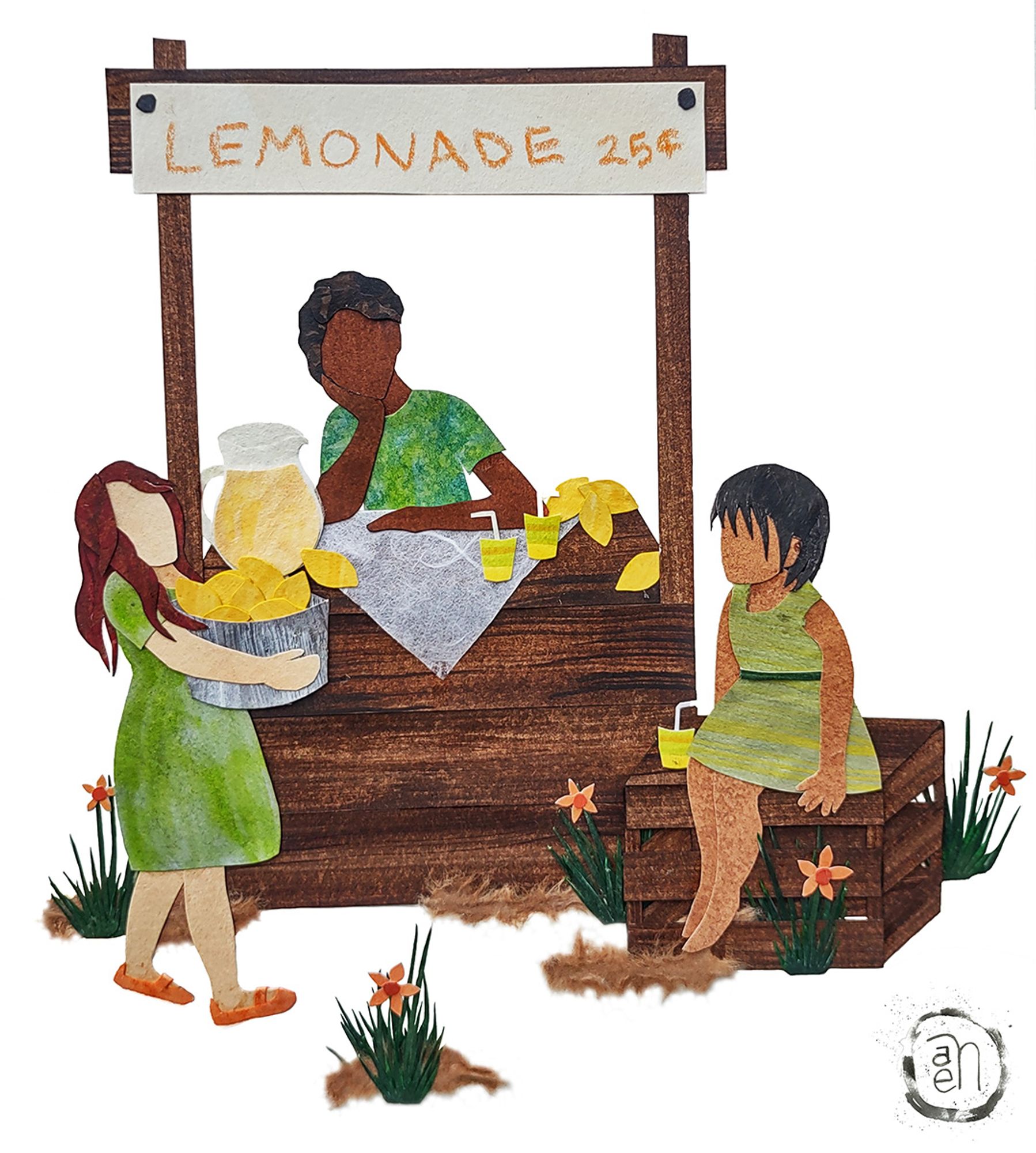 A cut paper illustration shows a wooden lemonade stand. There are three children, one carrying a bowl of lemons, one sitting behind the stand acting bored, and one sitting on a crate next to the stand with a stolen glass of the lemonade.