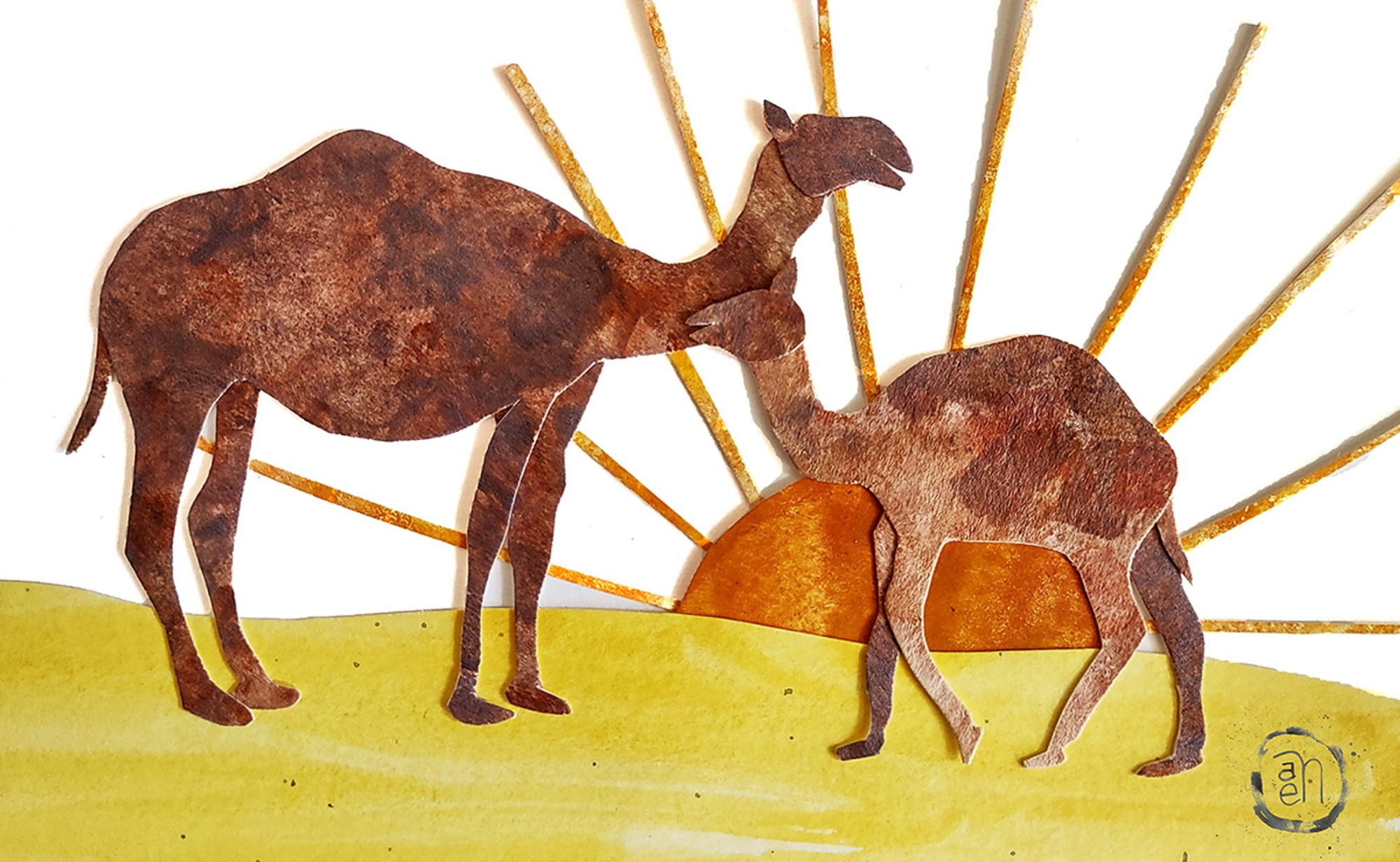 A cut paper illustration shows two camels, one larger and one smaller, facing each other. The background shows yellow sand and a golden sun.