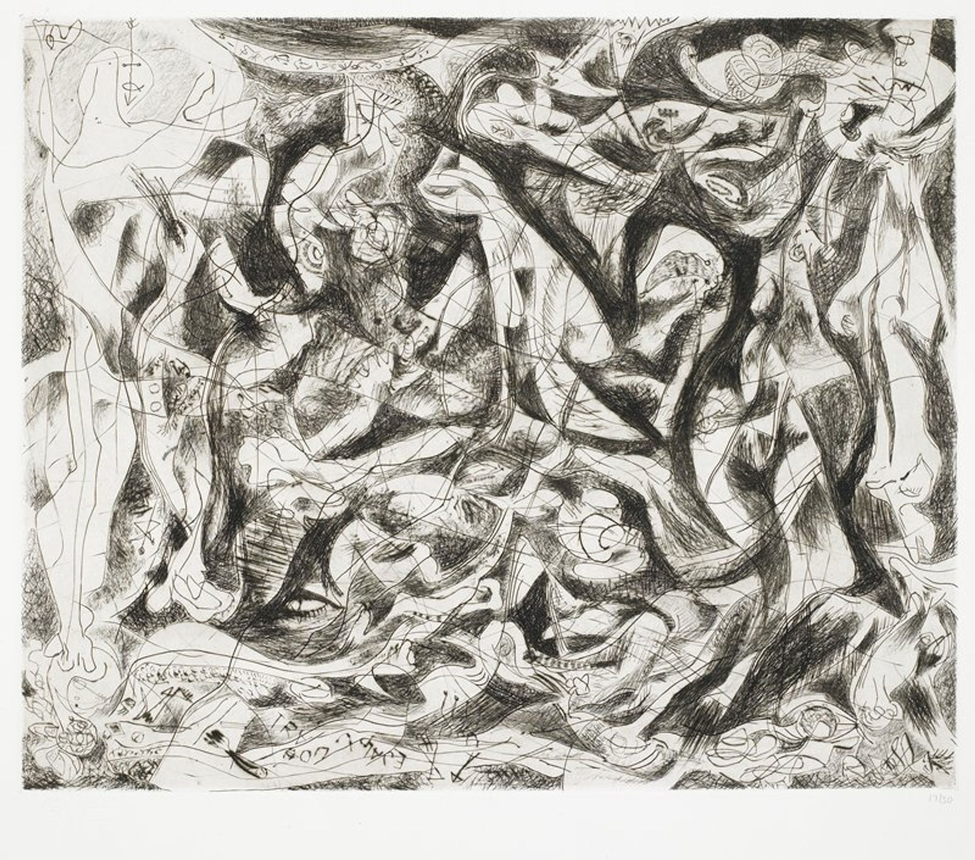 Pollock's semi-abstract engraving is one of a series of prints he produced in 1944-45 at Atelier 17 in New York. Pollock was one of a group of young American artists for whom Hayter's studio in exile became an important meeting place for the exchange of new ideas and technical innovations. There they also met émigré European artists, including such luminaries as Joan Miró, Marc Chagall, Salvador Dali, and André Masson. Though not editioned at the time, Pollock's intaglio prints of the mid-1940s are often cited as precursors to the fully resolved abstract style seen in his famous "drip" paintings. Pollock was fascinated with automatic drawing as practiced by Hayter, Masson and others. This spontaneous technique was well known among Dada artists of the early 20th century and later adopted by the surrealists as a way to reveal subconscious impulses. Unleashing his inner self, Pollock produced a frenzied arrangement of surrealist-inspired biomorphic forms interspersed with dynamic non-descriptive line.