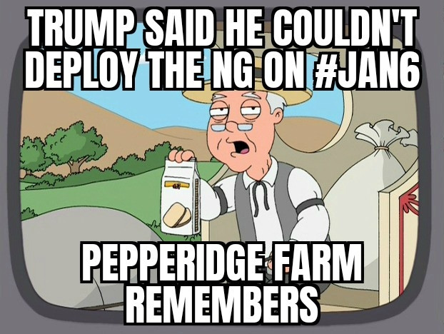 "Trump said he couldn't deploy the NG on #Jan6 - Pepperidge Farms remembers." 
