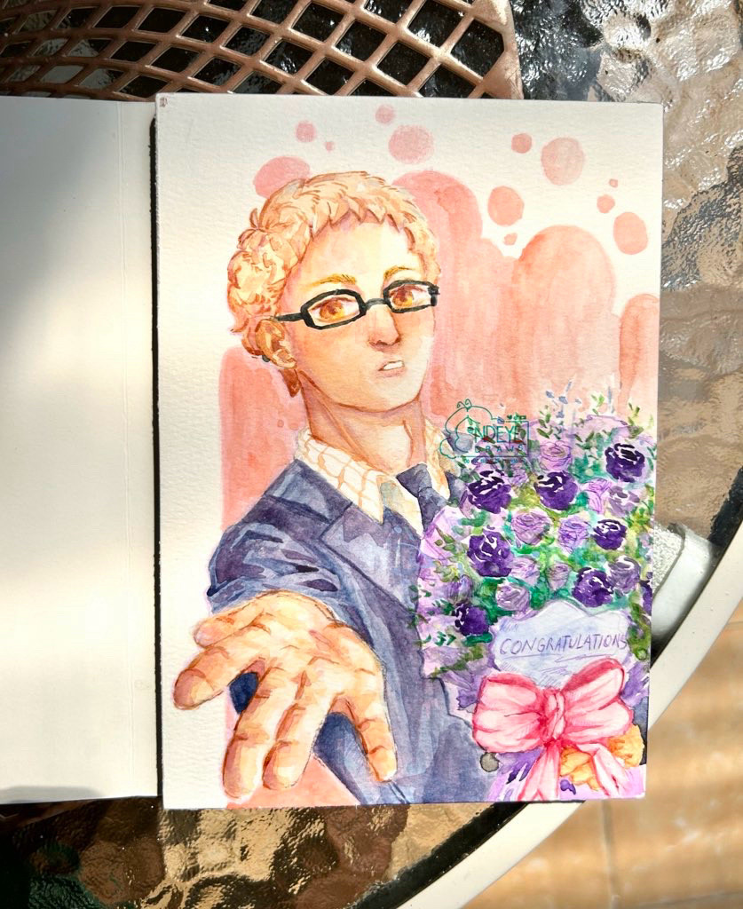 A traditional illustration of Tsukishima Kei from manga series “Haikyuu!!” I made using watercolor, for my friend’s gift. 

It’s a picture of half-body Tsukishima Kei offering his right hand while holding a bouquet of purple flowers with a big pink ribbon holding them together