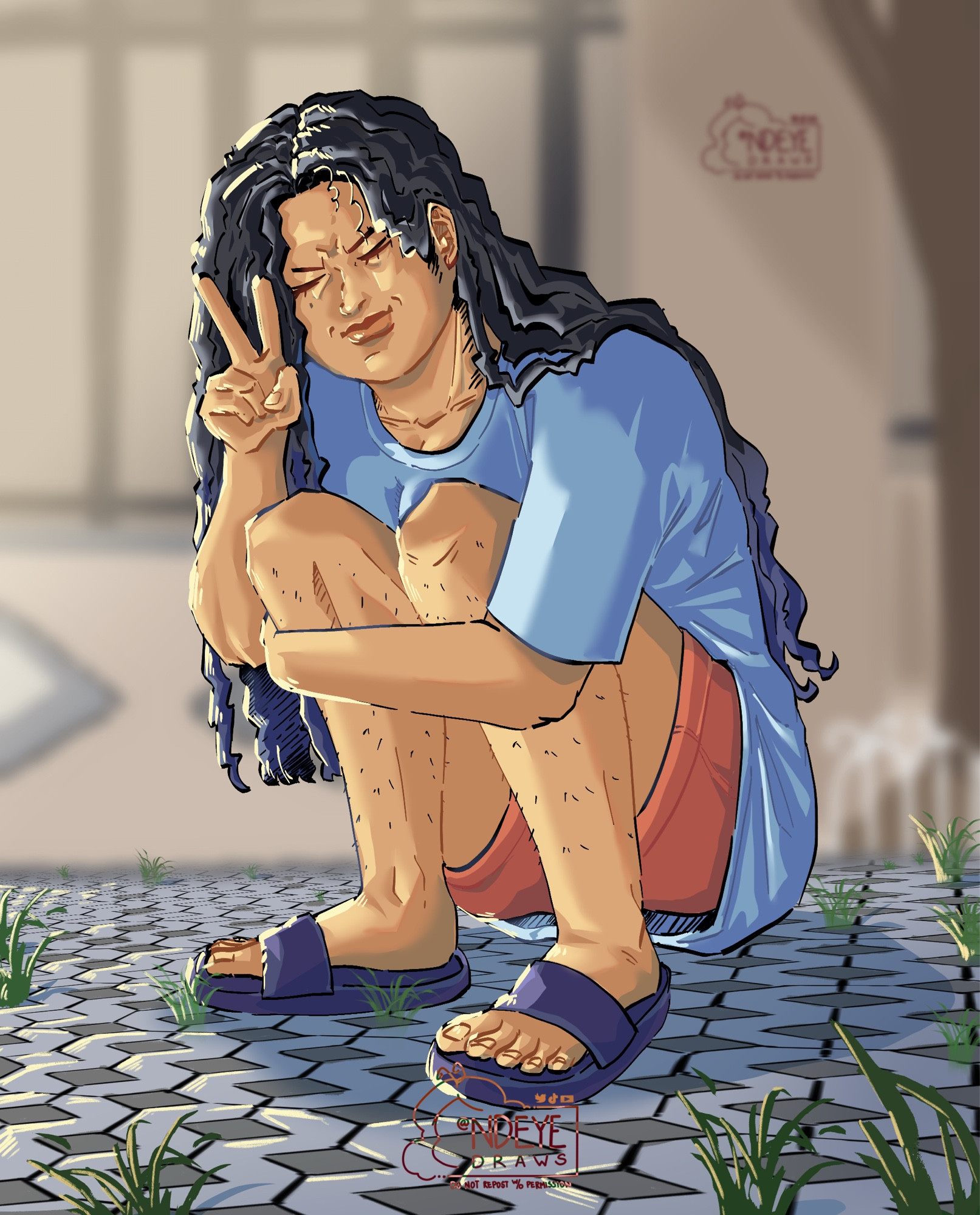 An illustration of myself, squatting in front of my house wearing a light blue oversized shirt and red-ish shorts with a dark purple slides, doing a peace sign and funny face expression