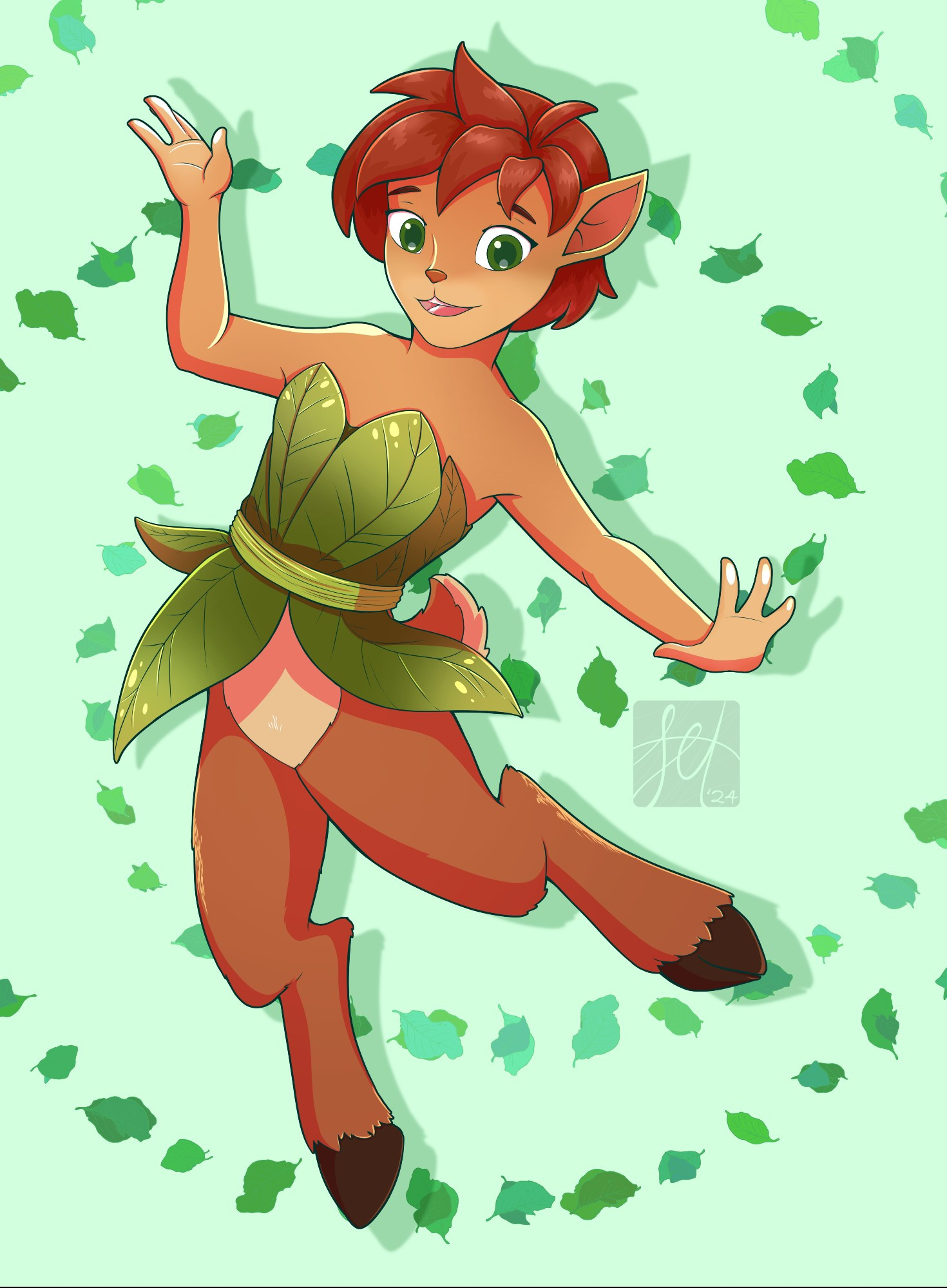 An image of Elora the Faun from the videogame Spyro: Gateway to Glimmer. She has green eyes, a russet brown skintone and reddish brown hair going just past her pointed ears. Her lower legs are hooves with brown fur. She wears a green, split dress/shirt designed to look like leaves. The character is leaping upwards and smiling. 