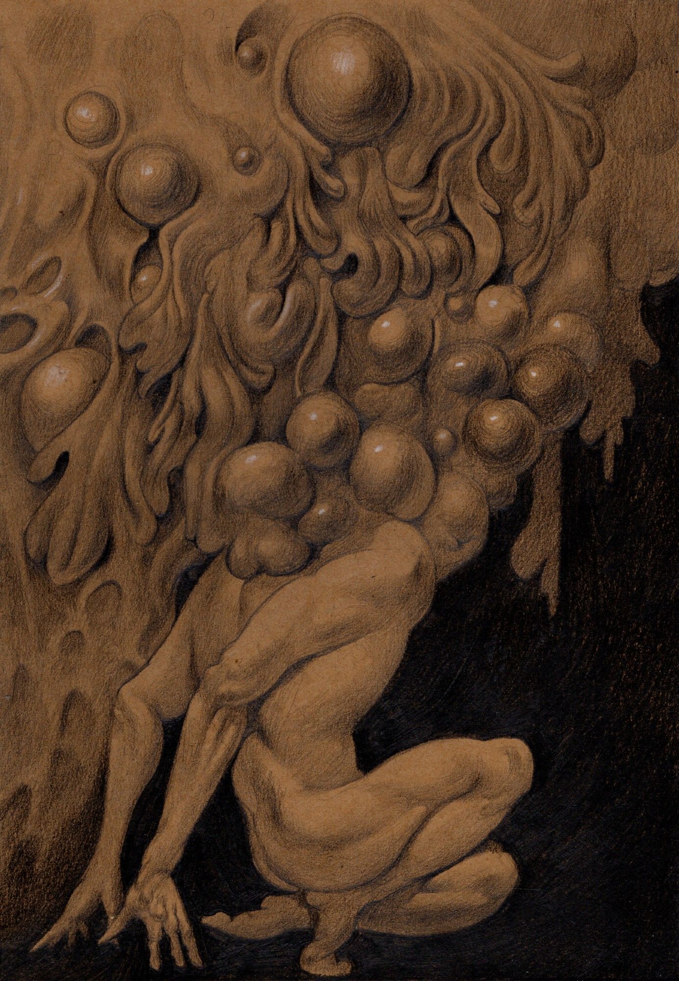 A drawing on brown paper depicting a deformed figure with abstract shapes resembling seaweed and spheres growing on it