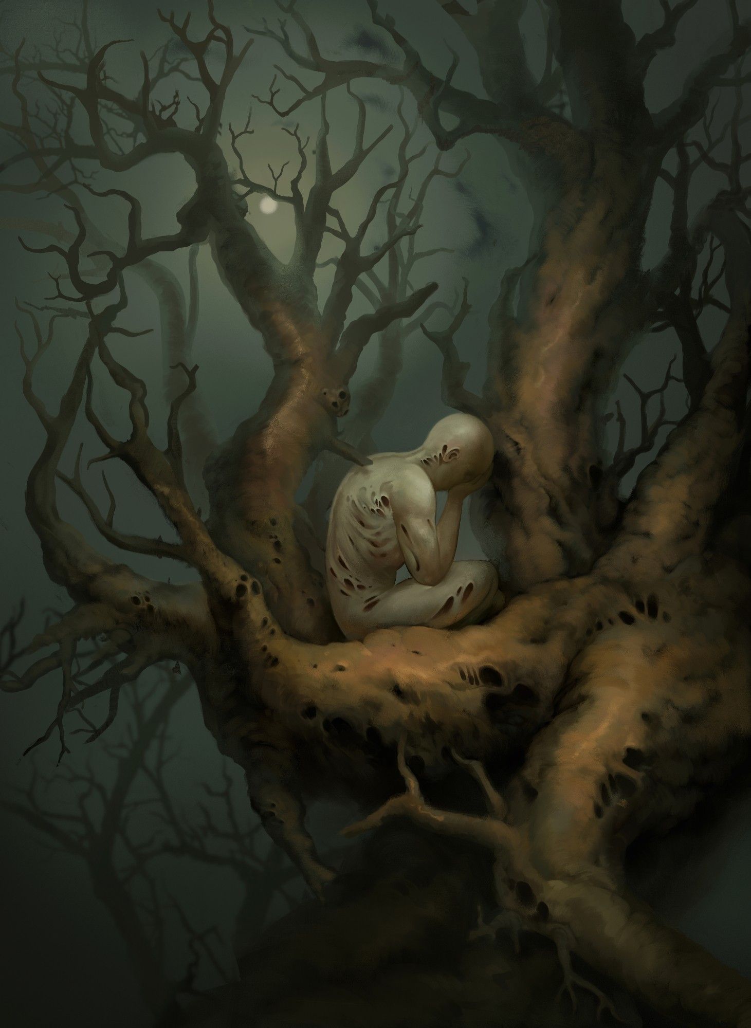 A digital painting depicting a deformed, faceless figure sitting on a tree