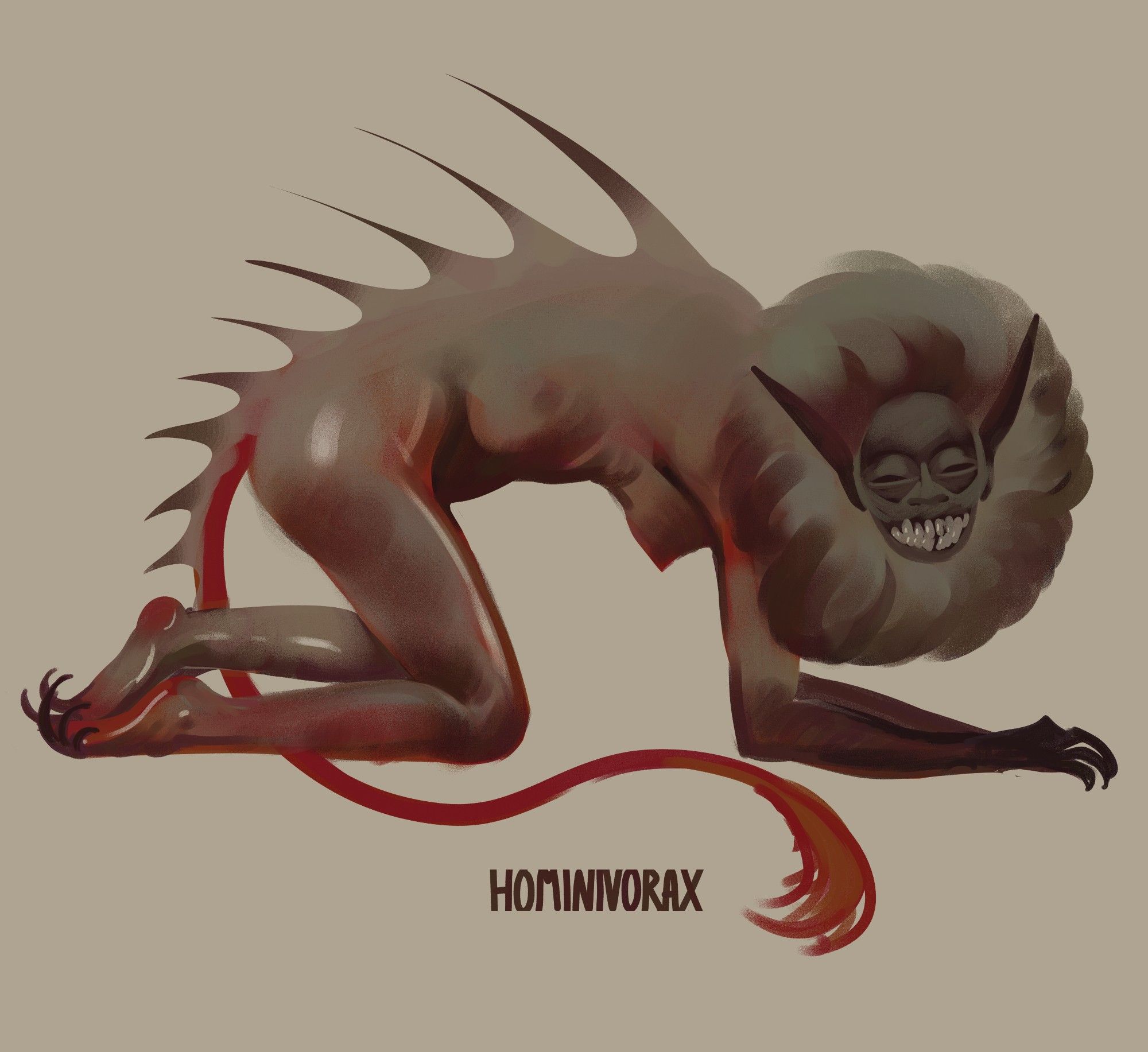 a digital painting depicting a manticore (mythical creature) with bottom text saying hominivorax (man-eater)