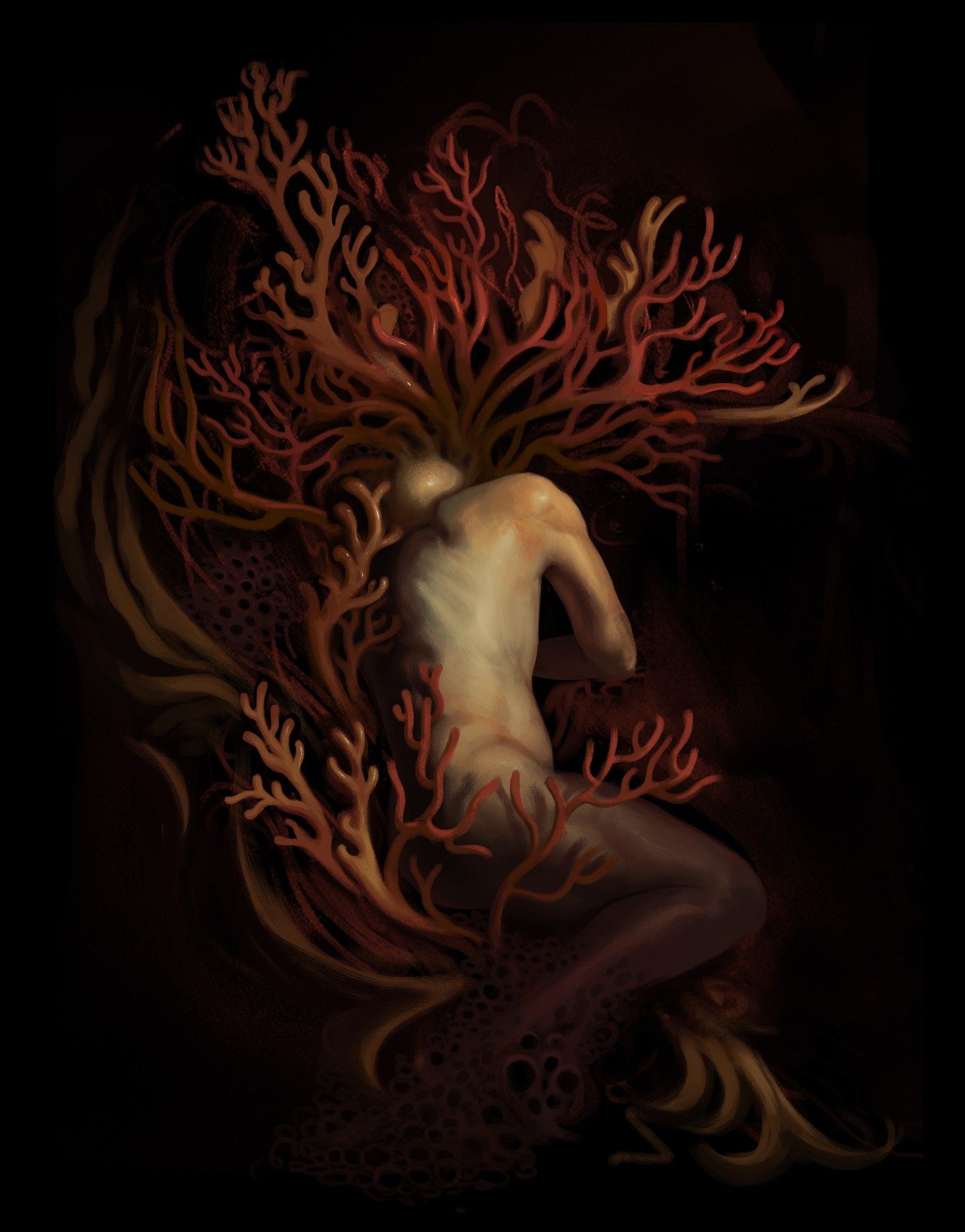 A digital painting depicting a figure being consumed by red coral