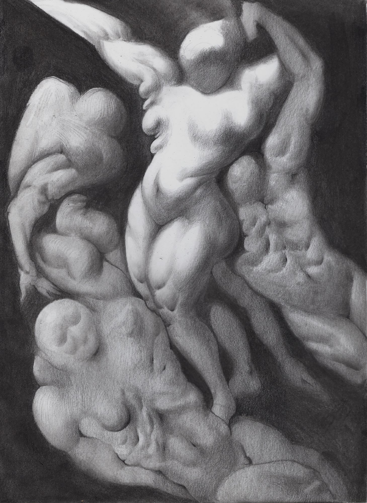 A charcoal drawing depicting four deformed figures sort of floating in space