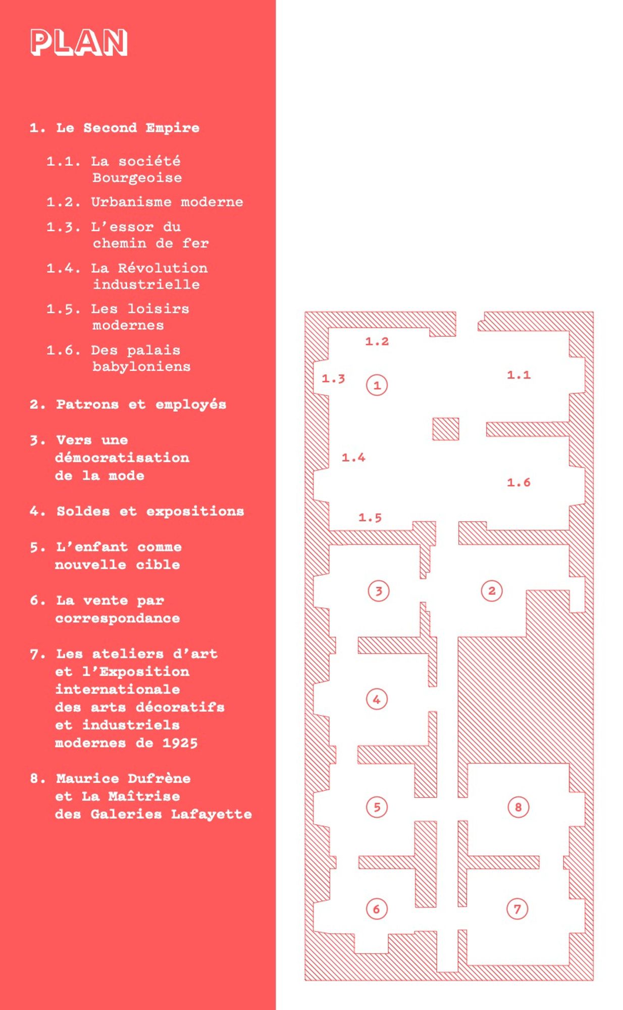 Plan de l'exposition
1. Le Second Empire
1.1. La société bourgeoise
1.2. Urbanisme moderne
1.3. L'essor du chemin de fer
1.4. La Révolution industrielle
1.5. Les loisirs modernes
1.6. Des palais babyloniens
2. Patrons et employés
3. Vers une démocratisation de la mode
4. Soldes et expositions
5. L'enfant comme nouvelle cible
6. La vente par correspondance
7. Les ateliers d'art et l'Exposition internationale des arts décoratifs et industriels modernes de 1925
8. Maurice Dufrène et la Maîtrise des Galeries Lafayette