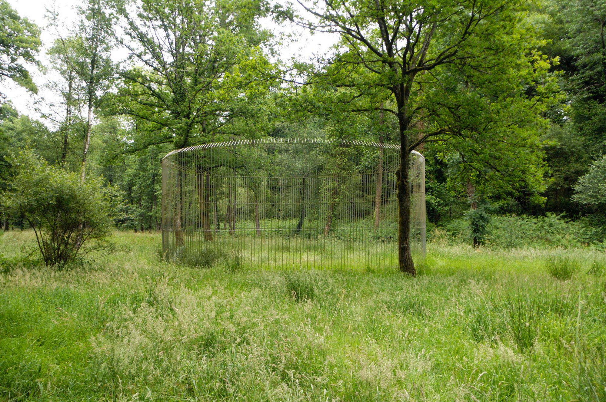 Trait pour trait - Élisabeth Ballet - 1993
Prenant place, dans une clairière éloignée du château, De loin, la sculpture donne l’effet d’un voile gris, dû aux barreaux verticaux en inox. C’est en s’approchant que la forme circulaire se révèle, telle une grande cage qu’on peut au choix contourner ou pénétrer. Inspirée des arbres qui l’entourent, la cage se fond “trait pour trait avec le paysage”.