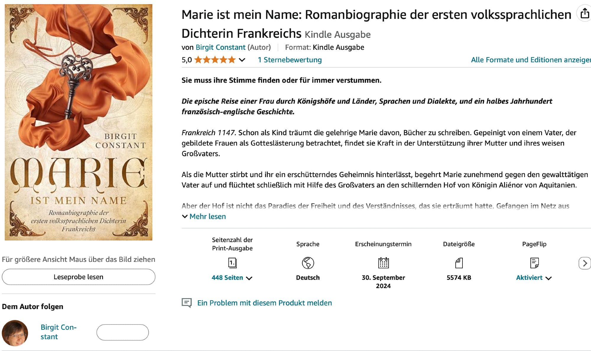 Screenshot von erster Bewertung (fünf Sterne) für meinen neuen Roman „Marie ist mein Name“