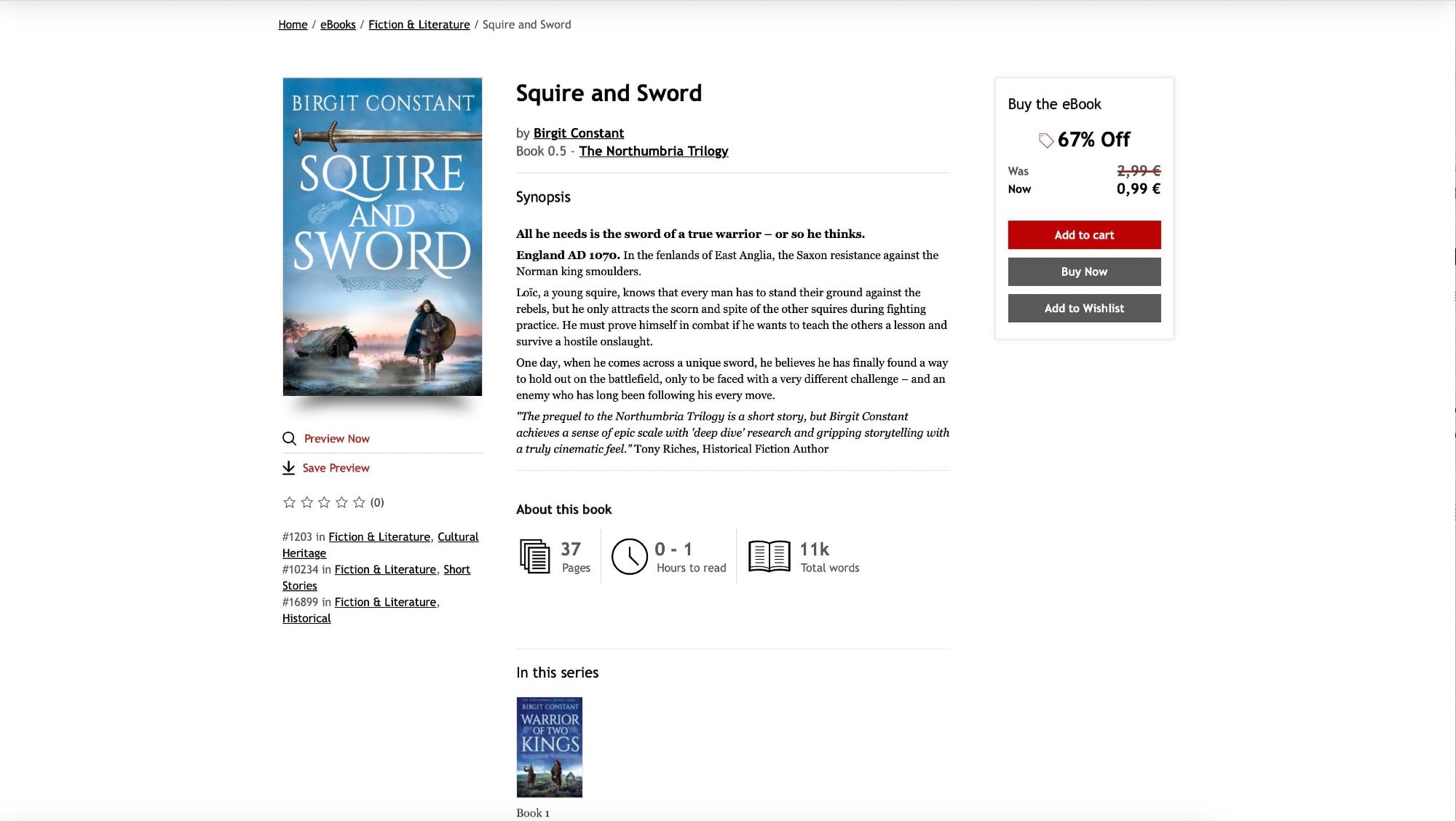 Screenshot of promotion page for "Squire and Sword", 67 % off the regular price, available for only 99 cents