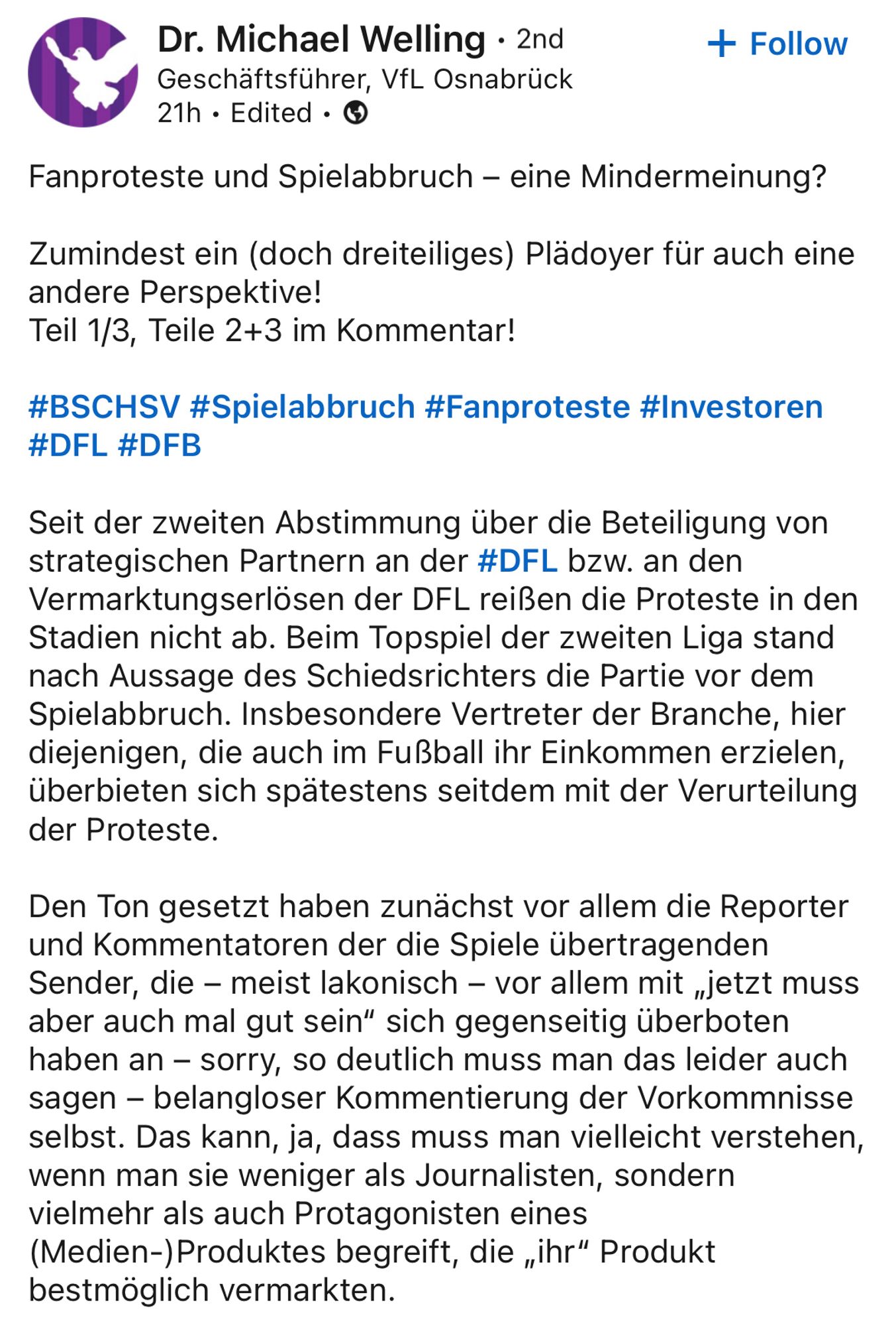 Fanproteste und Spielabbruch - eine Mindermeinung?
Zumindest ein (doch dreiteiliges) Plädoyer für auch eine andere Perspektive!
Teil 1/3, Teile 2+3 im Kommentar!
#BSCHSV #Spielabbruch #Fanproteste #Investoren
#DFL #DFB
Seit der zweiten Abstimmung über die Beteiligung von strategischen Partnern an der #DFL bzw. an den Vermarktungserlösen der DFL reißen die Proteste in den Stadien nicht ab. Beim Topspiel der zweiten Liga stand nach Aussage des Schiedsrichters die Partie vor dem Spielabbruch. Insbesondere Vertreter der Branche, hier diejenigen, die auch im Fußball ihr Einkommen erzielen, überbieten sich spätestens seitdem mit der Verurteilung der Proteste.
Den Ton gesetzt haben zunächst vor allem die Reporter und Kommentatoren der die Spiele übertragenden Sender, die - meist lakonisch - vor allem mit „jetzt muss aber auch mal gut sein" sich gegenseitig überboten haben an - sorry, so deutlich muss man das leider auch sagen - belangloser Kommentierung der Vorkommnisse selbst. Das kann, ja,