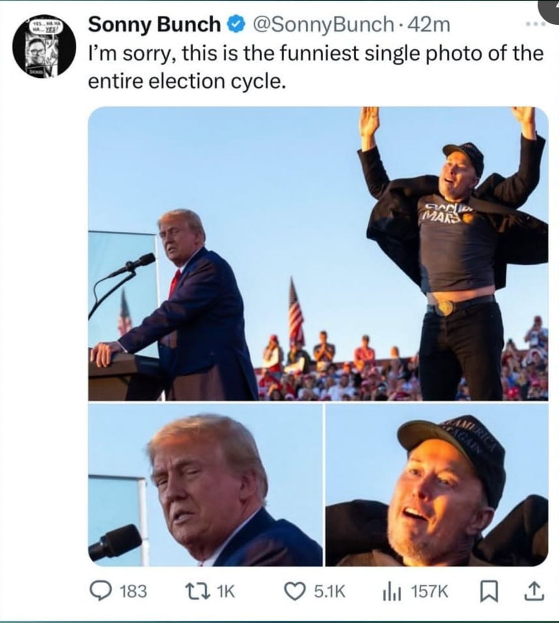 Musk dancing. Trump side eye at a rally