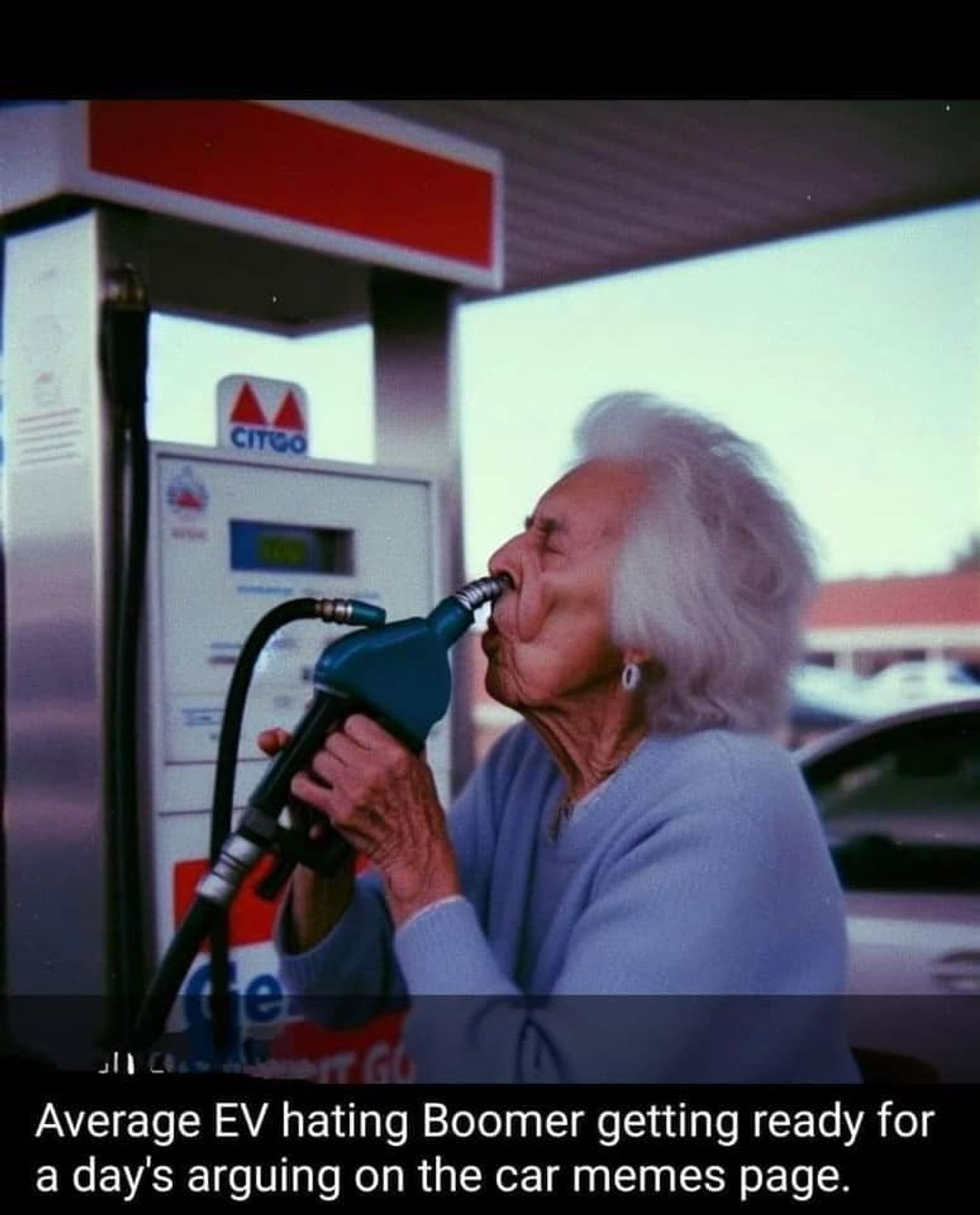 Old lady sniffing a petrol pump outlet. 'Average EV hating boomer getting ready for a day's arguing on the car memes page.