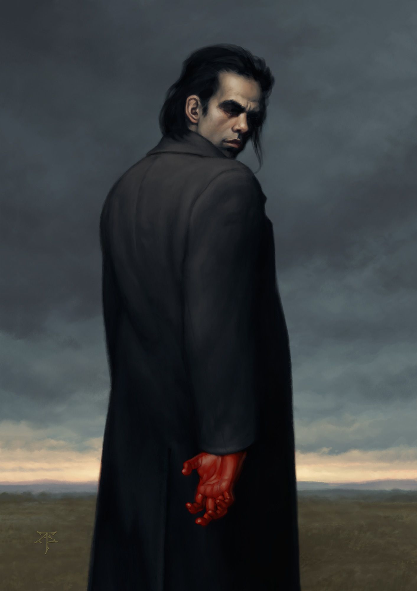 A painting of Nick Cave with a red right hand