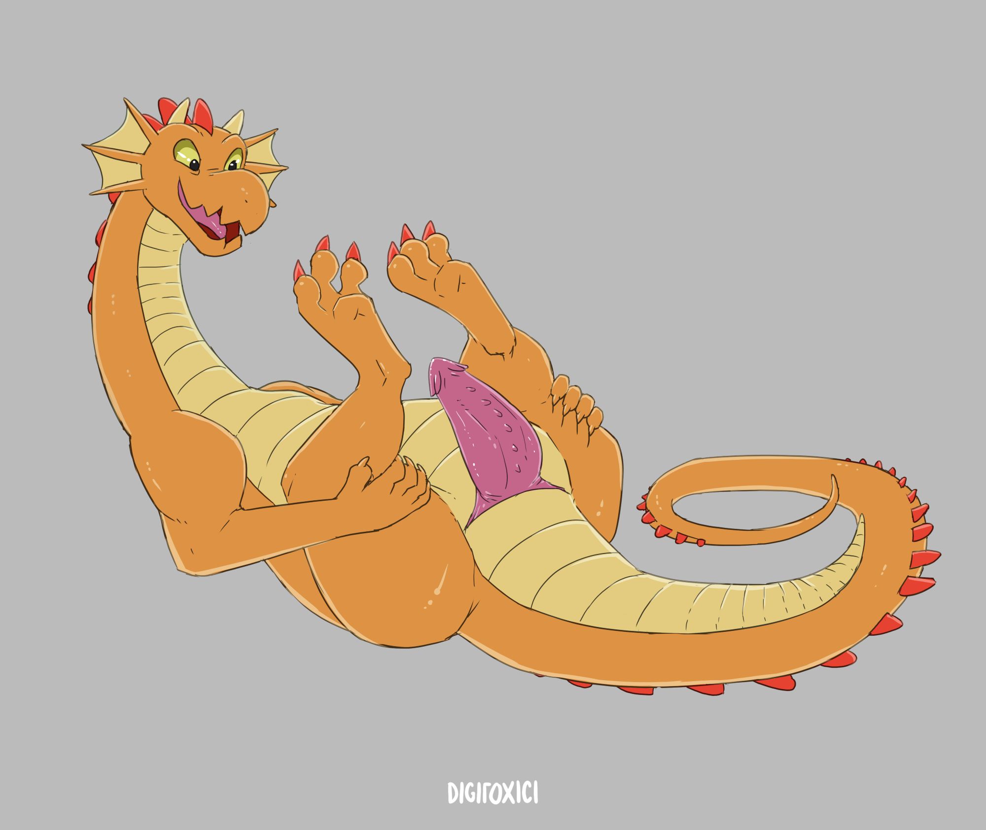 Orange Dragon showing off his penis while holding his legs up for the viewer to get a better look.