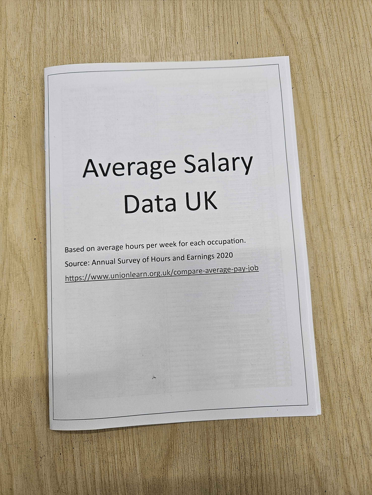 A booklet on a desk with the title "Average Salary Data UK"
Based on average hours per week for each occupation. Source: Annual Survey of Hours and Earnings 2020