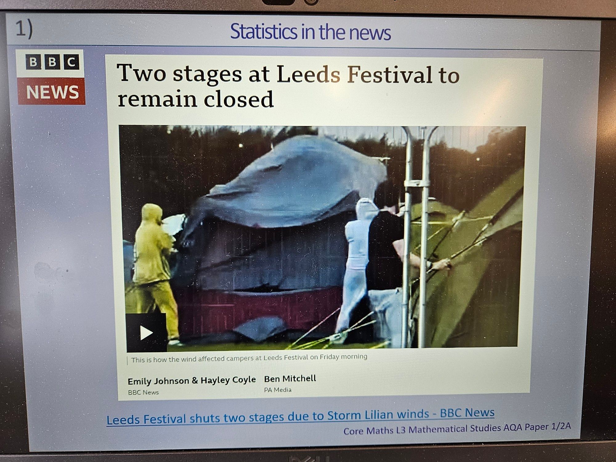 A news story with the headline "Two stages at Leeds Festival to remain closed" and a photo of a tent in high winds