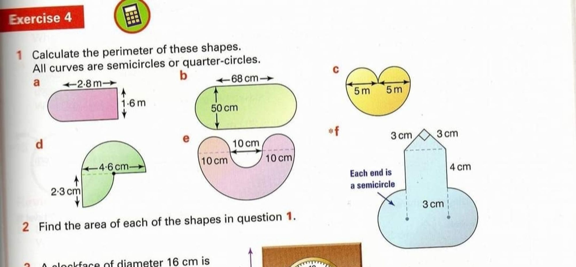 A year 9 maths textbook exercise on finding areas of compound shapes. Question 1f is humorously phallic in shape, consisting of a rectangle with two semicircles at one end and a triangle at the other.