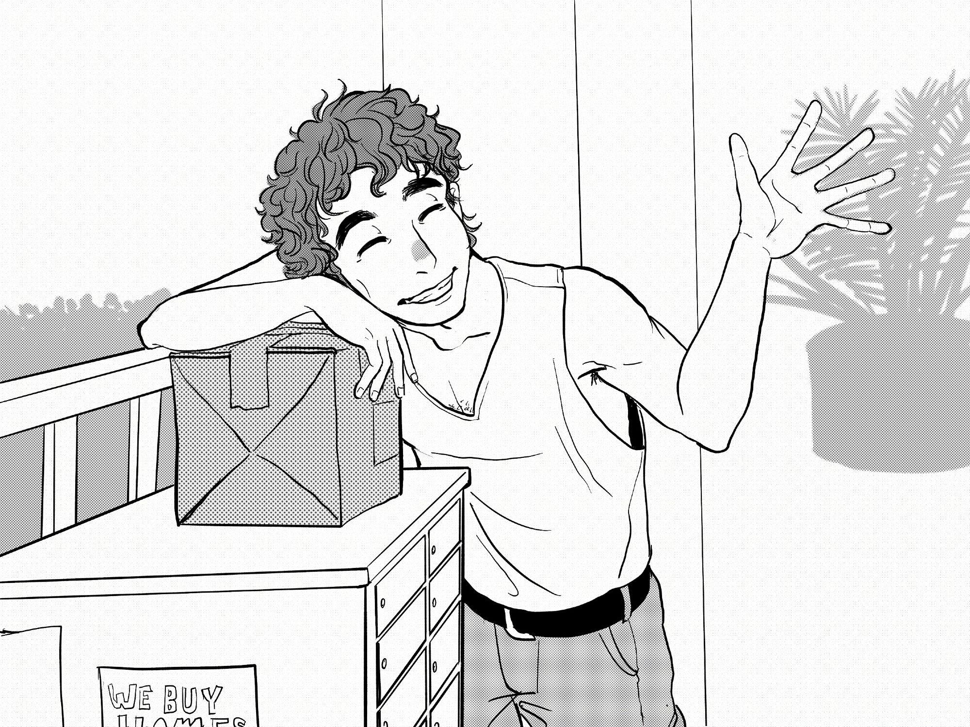 Curly haired guy waving while resting on a package on top of a mailbox