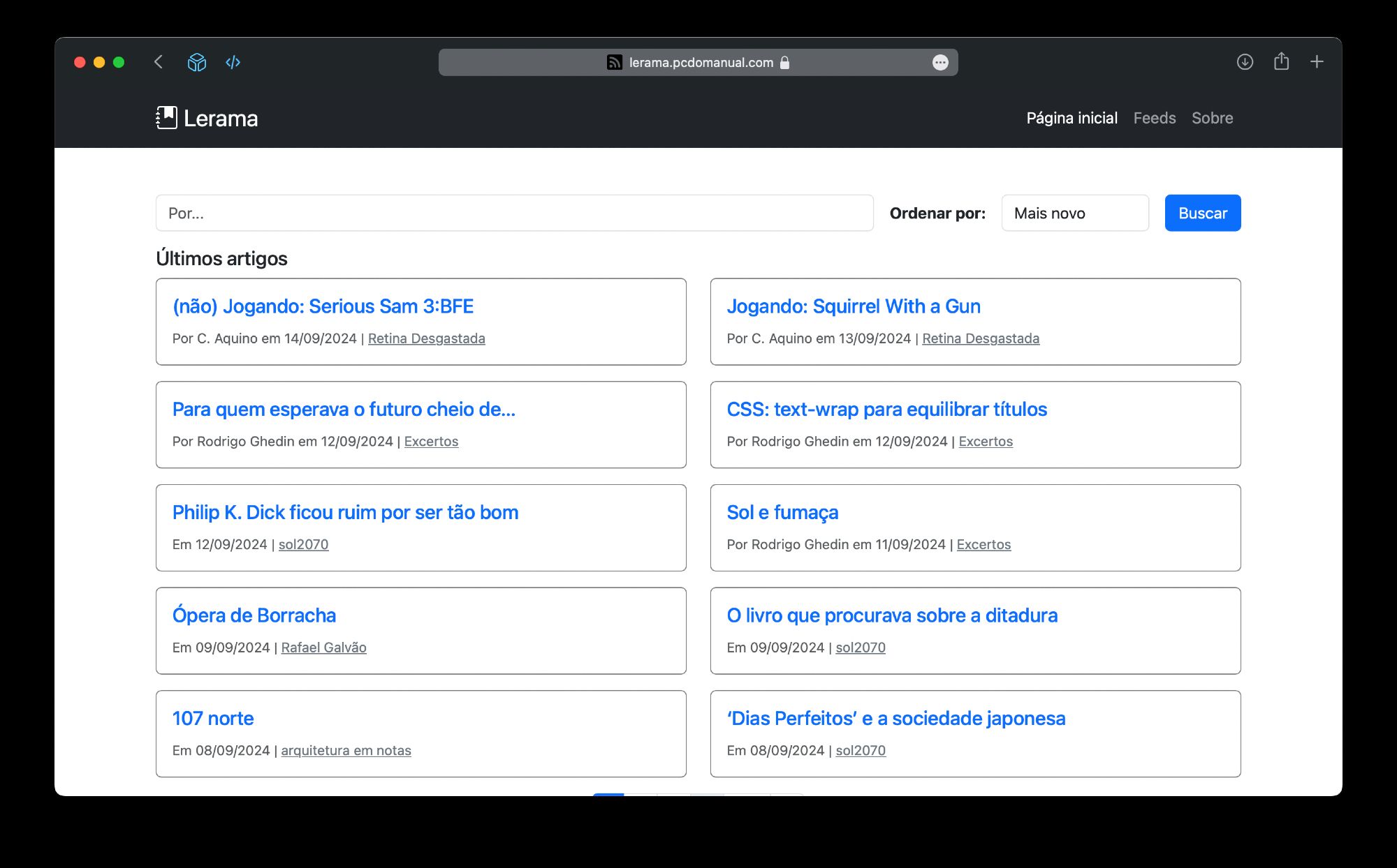 Print do Lerama numa janela do Safari para macOS, com uma lista em duas colunas de posts de blogs.