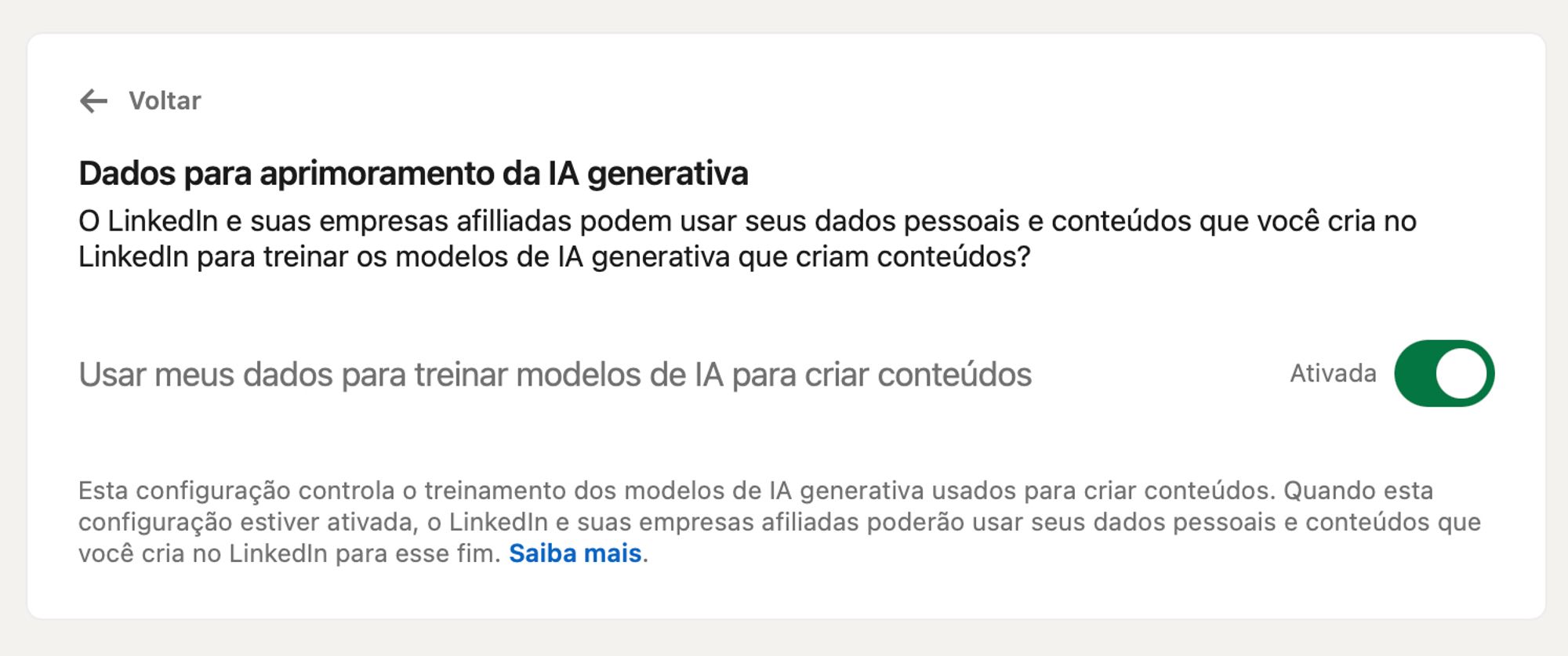 Opção do LinkedIn: “Dados para aprimoramento da IA generativa. O LinkedIn e suas empresas afilliadas podem usar seus dados pessoais e conteúdos que você cria no LinkedIn para treinar os modelos de IA generativa que criam conteúdos?”