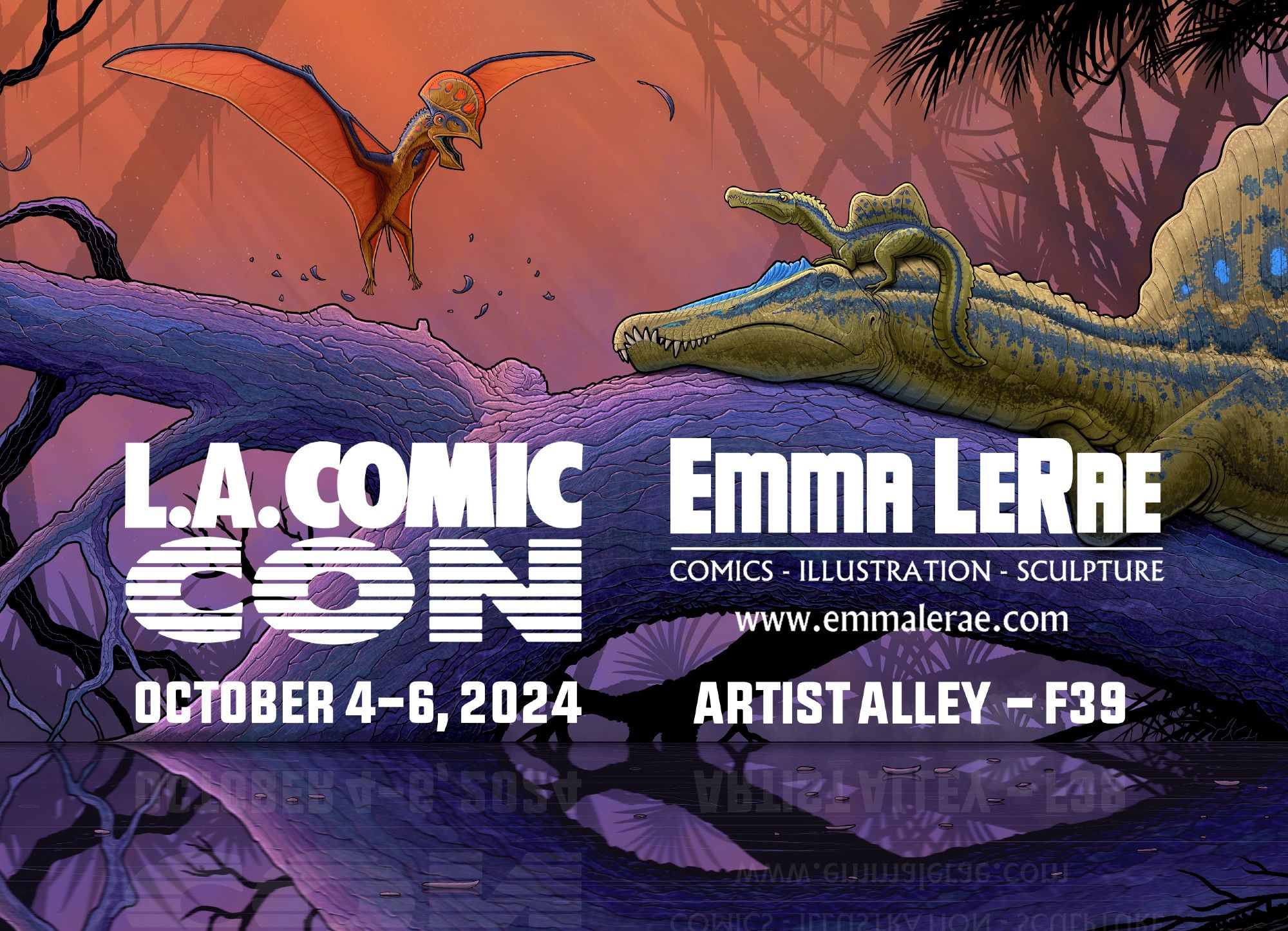 Announcement that Emma LeRae will be at L.A. Comic Con. Artist Alley booth F39. The background is a serene image of a Spinosaurus sleeping with a baby sitting on its head watching a pterosaur land on a log nearby.