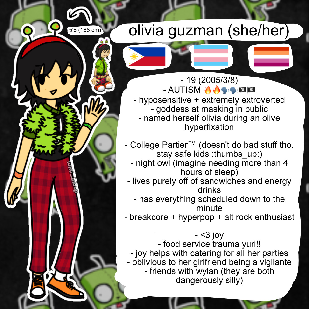 A headcanon sheet featuring an illustration of Olivia from the Papa Louie game series.
In the headcanon, Olivia's full name is Olivia Guzman. She is 5 feet and 6 inches, or 168 centimeters tall, and she goes by she/her pronouns. Below her name are the Filipino, transgender, and lesbian flags.

The sheet features the following text:
- 19 (born 2005 march 8)
- AUTISM
- hyposensitive + extremely extroverted
- goddess at masking in public
- named herself olivia during an olive hyperfixation

- College Partier (doesn't do bad stuff tho. stay safe kids)
- night owl (imagine needing more than 4 hours of sleep)
- lives purely off of sandwiches and energy drinks
- has everything scheduled down to the minute
- breakcore + hyperpop + alt rock enthusiast

- gf: joy
- food service trauma yuri!!
- joy helps with catering for all her parties
- oblivious to her girlfriend being a vigilante
- friends with wylan (they are both dangerously silly)