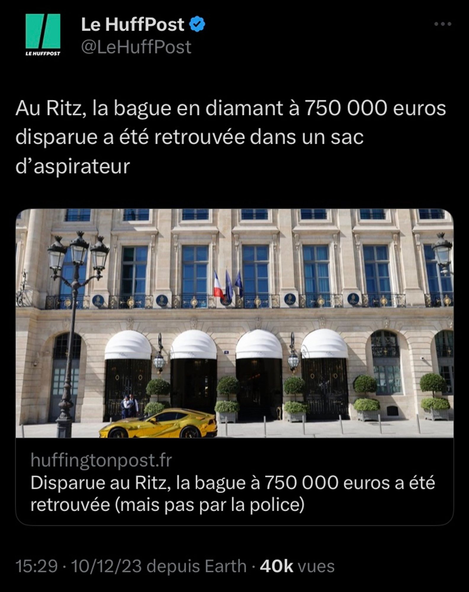 Le Huffington Post: « Au Ritz, la bague en diamant à 750 000 euros disparue a été retrouvée dans un sac d’aspirateur »