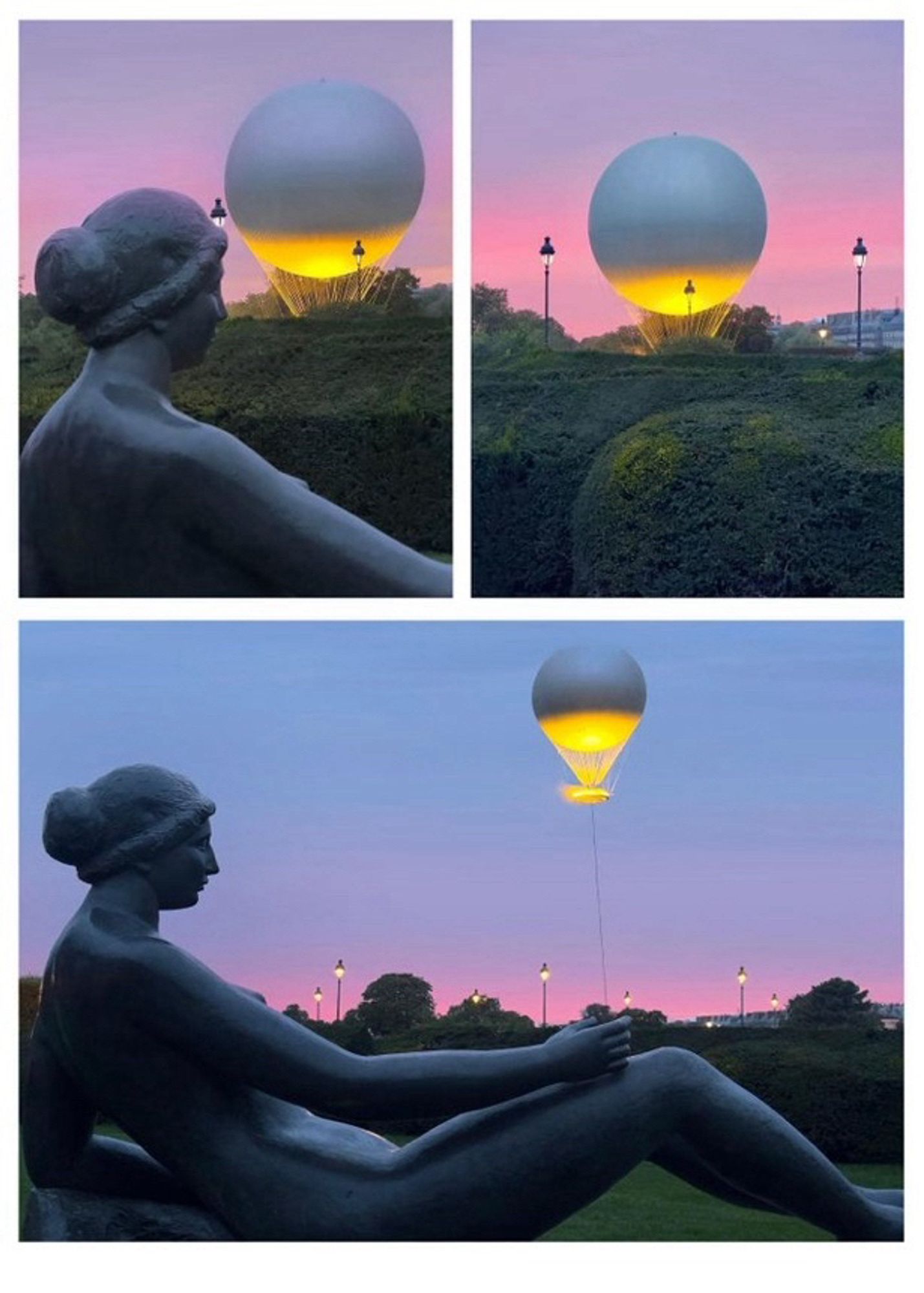 Montage de 3 photos montrant la vasque s’envolant dans un ciel dégradé de Rose au bleu avec une statue semi-allongée au premier plan