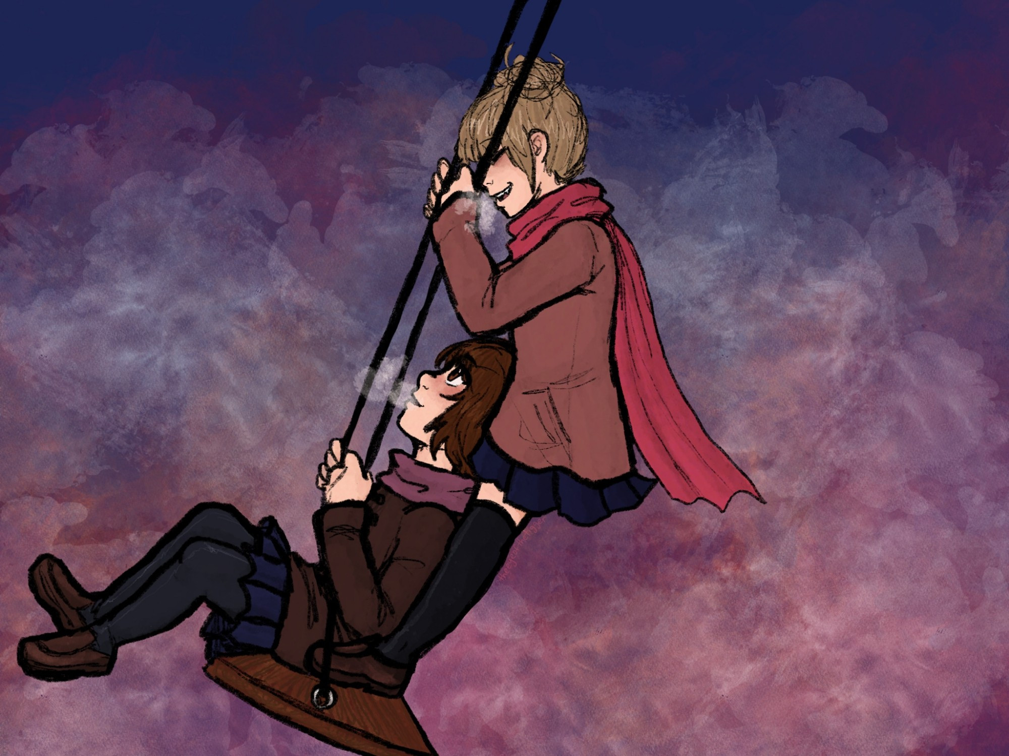 Himiko Toga and Ochako Uraraka swinging on a single swing together, dressed in winter clothes. The sky behind them is a blend of the bi and lesbian flags.