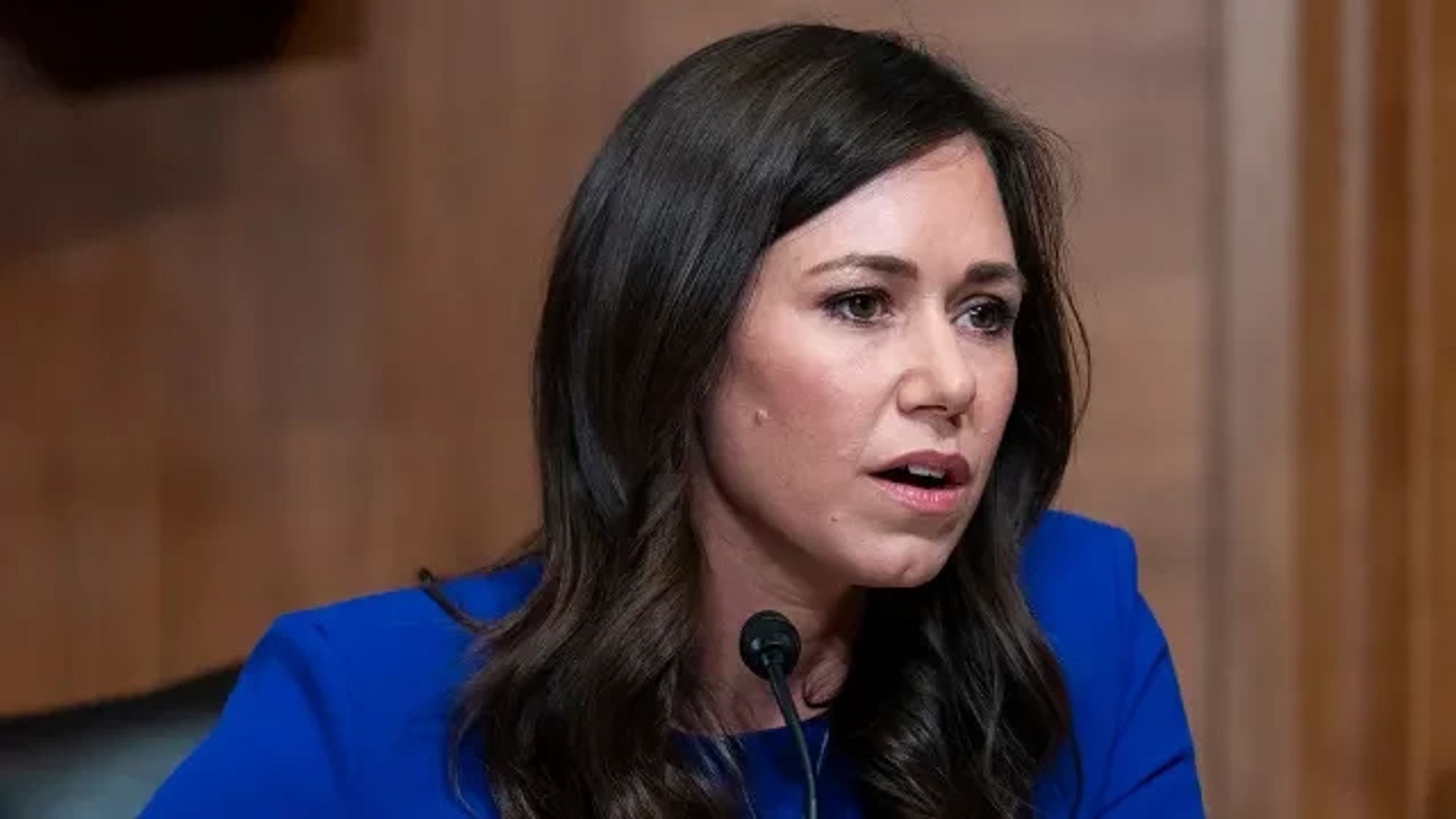 Sen. Katie Britt (R-Ala.) questions Secretary of Education Miguel Cardona during a Senate Appropriations Subcommittee hearing to discuss the President’s F.Y. 2025 budget for the department on Tuesday, April 30, 2024.