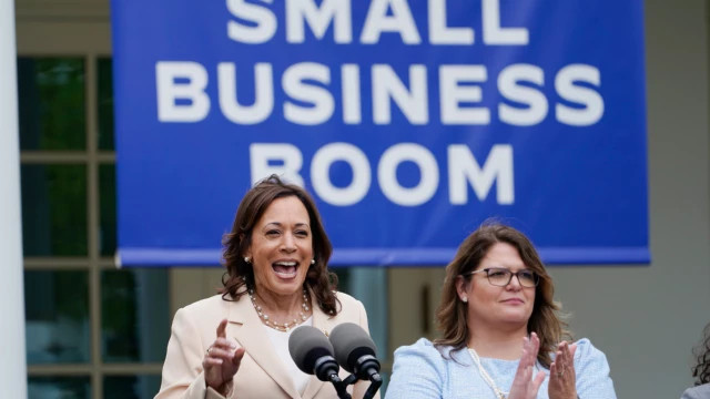 Vice President Kamala Harris speaks, along side Jill Scarbo, who won National Small Business of the Year in 2022 and is the CEO of Bright Futures Learning Services (BFLS), a provider of Applied Behavior Analysis (ABA) therapy services for children, in the Rose Garden of the White House in Washington, Monday, May 1, 2023, during an event about National Small Business Week. (AP Photo/Susan Walsh)