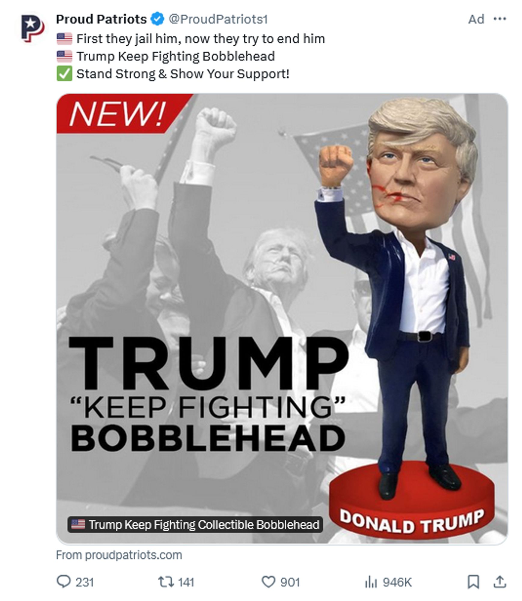 Donald Trump assassination attempt commemorative bobblehead.  Tacky, disgusting grift.