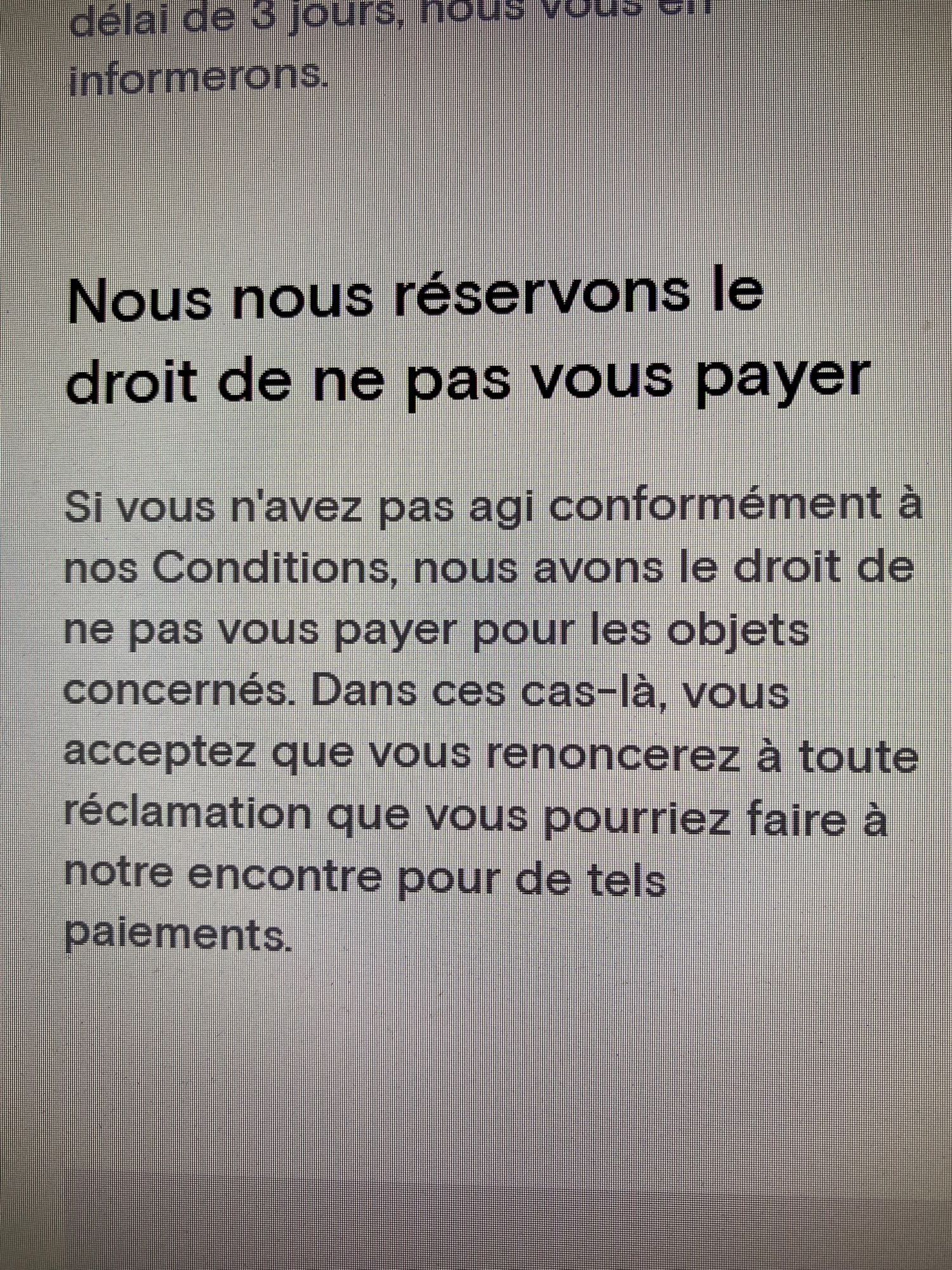 Extrait clause CGV permettant le non paiement sans réclamation possible