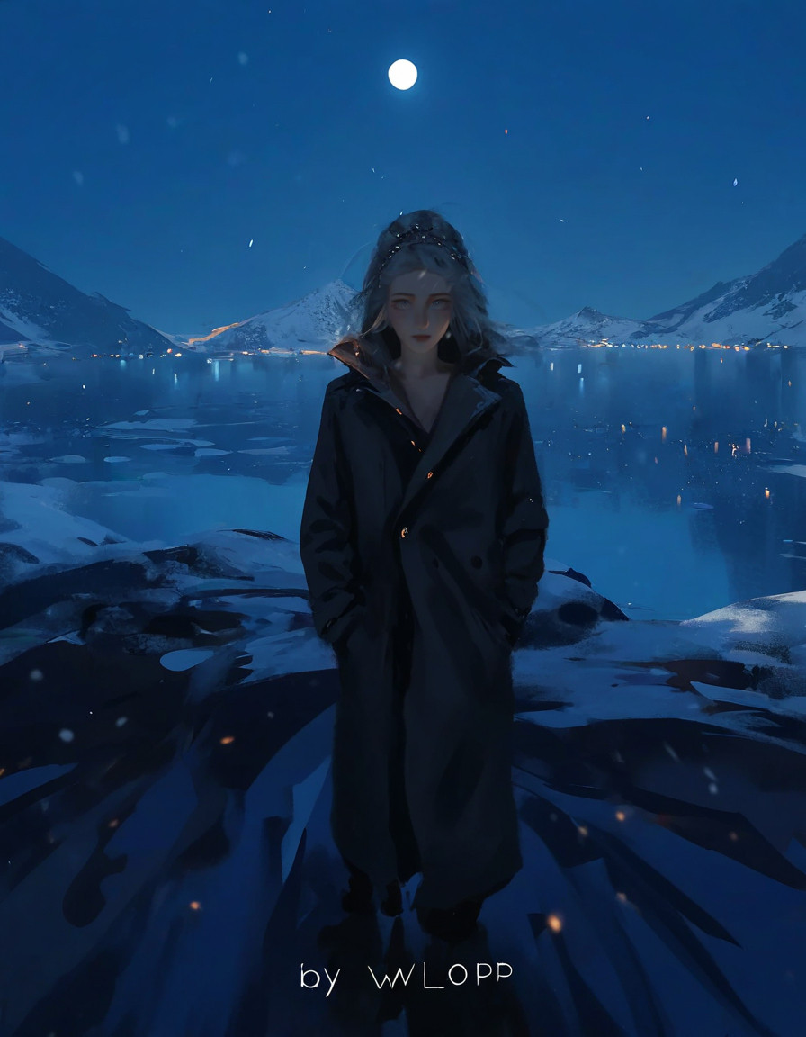 (masterpiece), (best quality), (ultra-detailed),  ((extremely detailed)), 4K, (8K), best quality, realistic, real, winter, mountain, russia, on ice, night, heavy snowing, 1girl, solo, slender, standing, from above, coat over nakid,