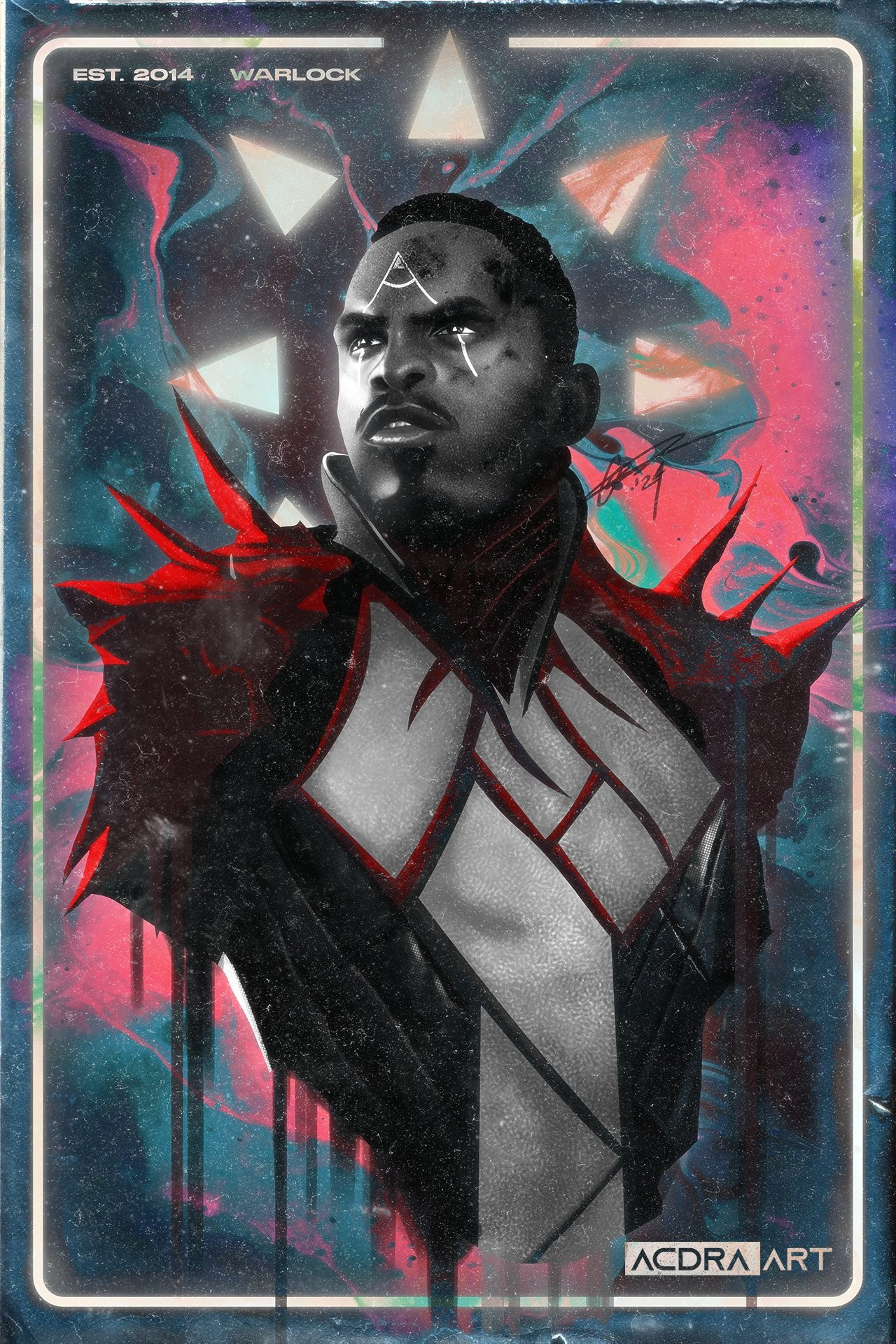 Self portrait illustration of Acdramon (ACK-DRA-MON) as his Warlock from Destiny 2. Grungy paper filter to mimic a retro poster effect. Unmasked, Black and white subject with red accents on his shoulder armor and selvedge. A glowing halo of pyramids surrounds his head and the background shows vibrant pink and teal paint dispersing in water.

Text on the top left reads: "ESTABLISHED 2014, WARLOCK"