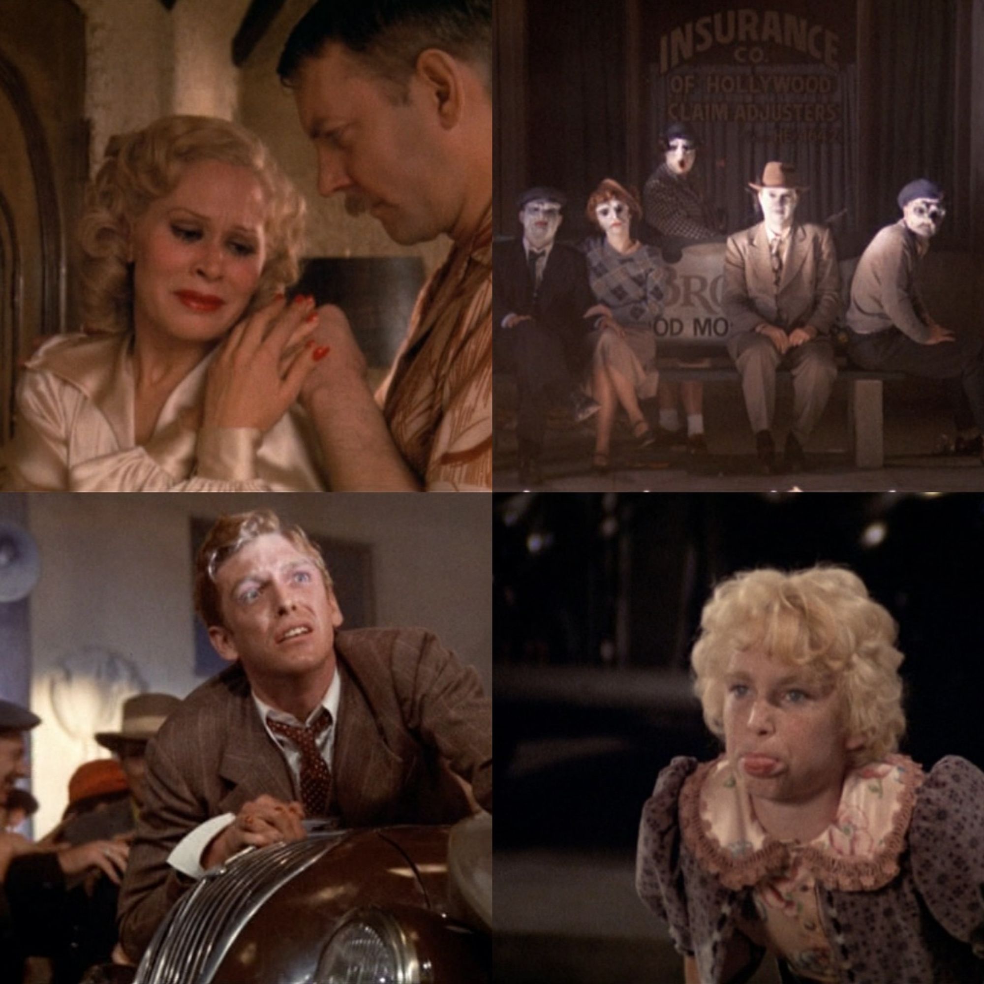 From the 1975 adaptation of Nathaniel West's 1939 novel of the same name, The Day of the Locust: Karen Black as Faye Greener with Donald Sutherland as Homer Simpson; Goya-like visions of Hollywood citizens as demonic entities; William Atherton as Tod Hackett caught in a riot; Jackie Earle Hayley as Adore Loomis in a Little Lord Fauntleroy outfit 