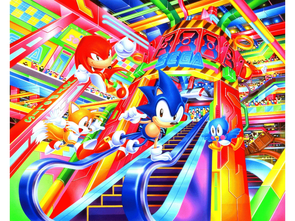 Sonic 3 & Knuckles artwork where the trio are running amock in a *gloriously* 90s flavored Casino-Mall mishmash. Sonic and Tails are disregarding the safety rules of an Escalator while Knuckles is coming out of a glide above them. A Flicky witnesses everything, no doubt intent on telling Security about sucj gross safety violations.