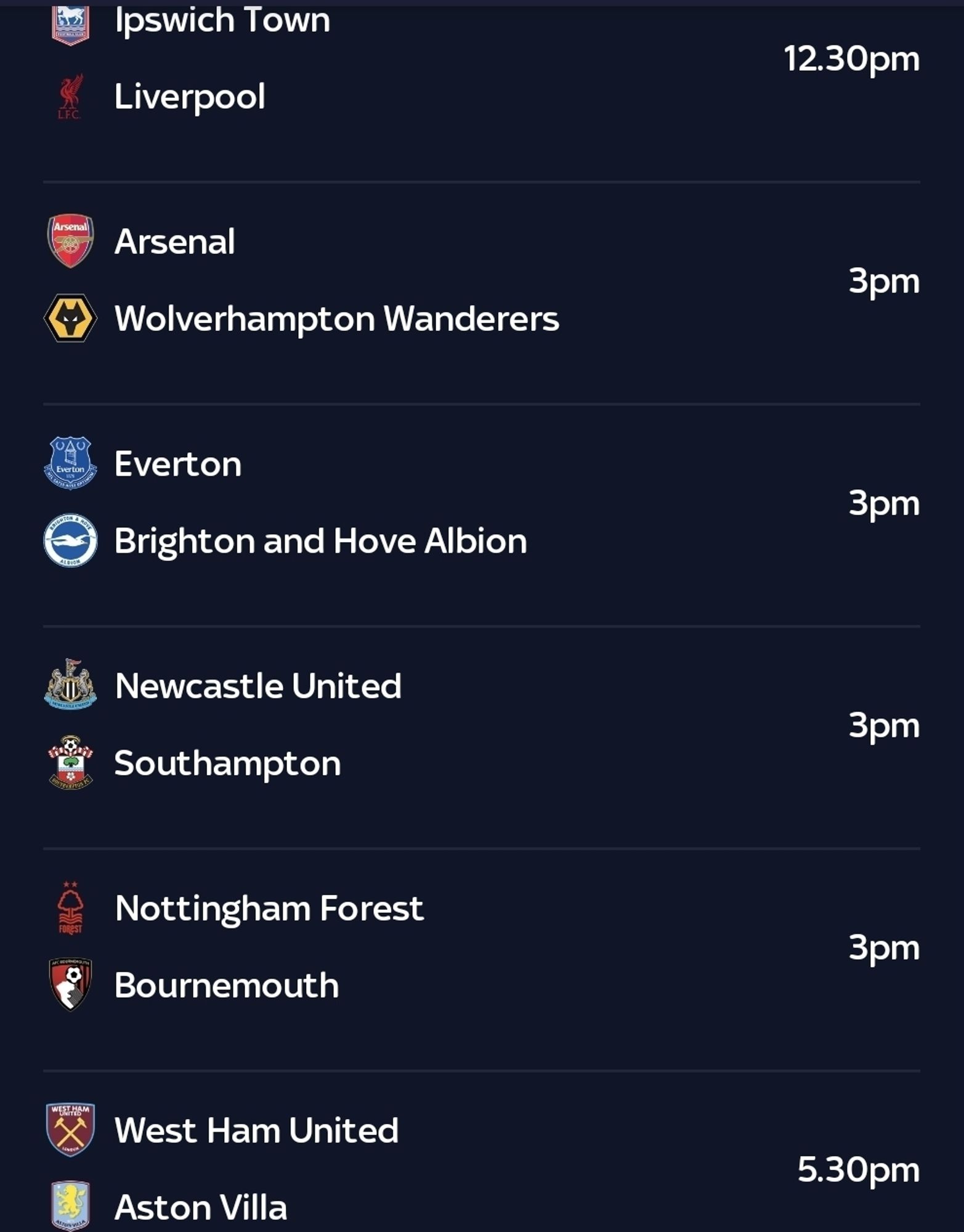 Premier League games this Saturday.