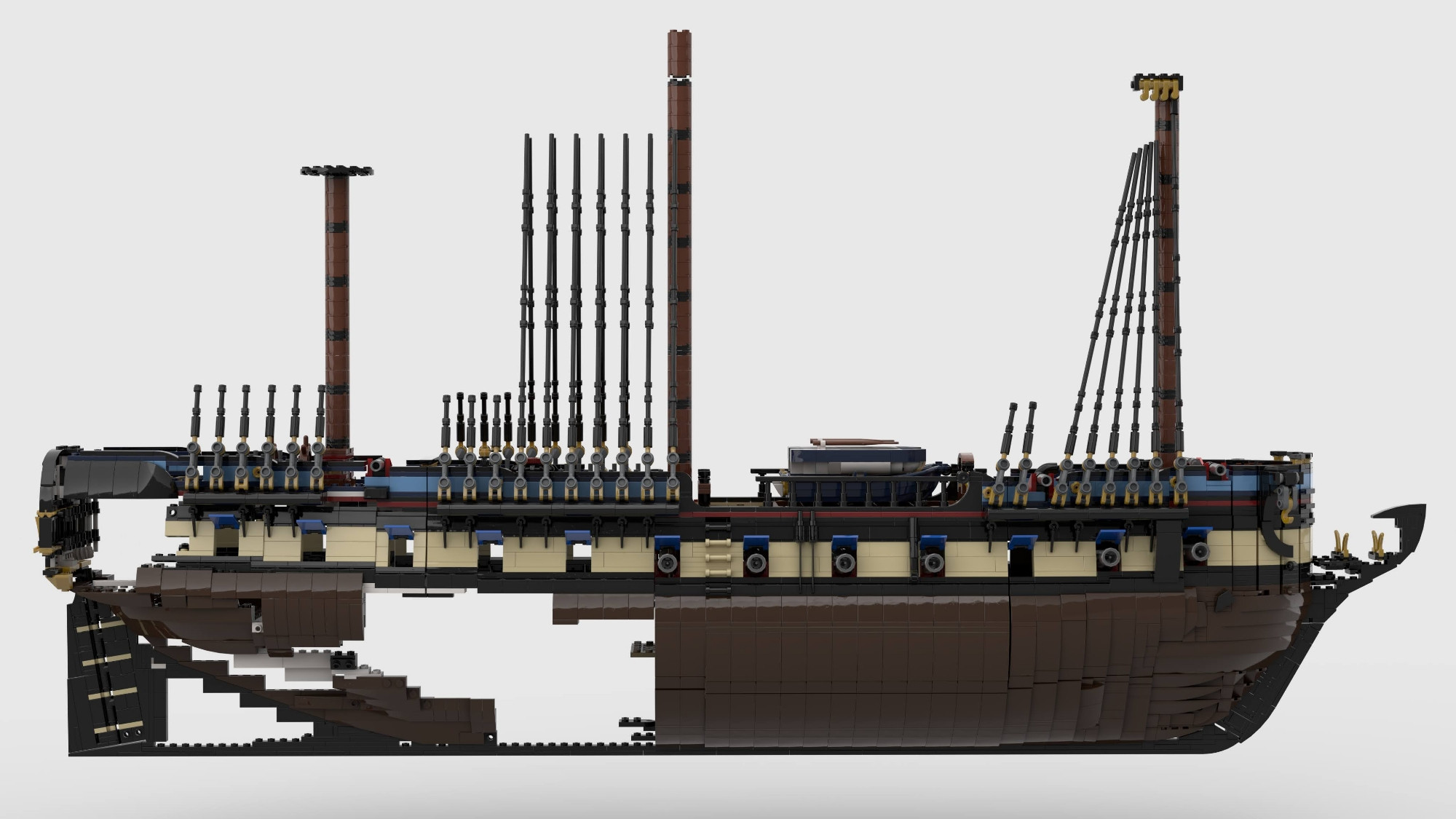 A digital rendering of a custom LEGO ship model, similar in size and scale to the previous picture. Like that model, this one is of a large, three-masted sailing ship. The hull is dark brown, while above that there are stripes of tan, dark red, and blue. There are no sails on this ship, as it is incomplete and missing full masts and all of its hull. The shaping of this model is more intricate than the previous one. It rests against a blank white background.