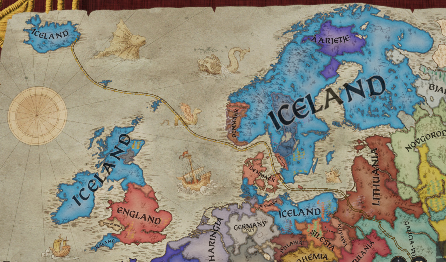 Mapa do jogo Crusader Kings III onde atualmente comando a Islândia, que dominou terrenos na Suécia, Ilhas Faroé, Finlândia, Noruega, Polônia, Dinamarca, Irlanda e Reino Unido, além de outros países próximos.