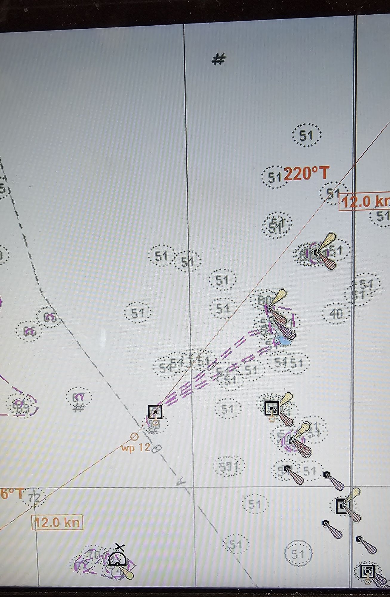 A photo of a route I was sent by another Navigator, plotted on ECDIS. It gets a bit close to two oil rigs - indicated by squares with red & yellow teardrops showing the lights -, before seemingly wanting me to drive right over the third. I could be forgiving and say that the third Oil Rig is a manual correction added from the weekly Rig List, but if that Navigator didn't see the Rig it means they weren't doing their weekly chart updates...
The route to follow is shown by a thin orange line because it wasn't active at the time I took this photo (if it had been the active route, it would be a thicker red line). Best practice is to pass oil rigs by as wide a margin as possible, outside of any exclusion zones in place, and ideally not less than 1nm.