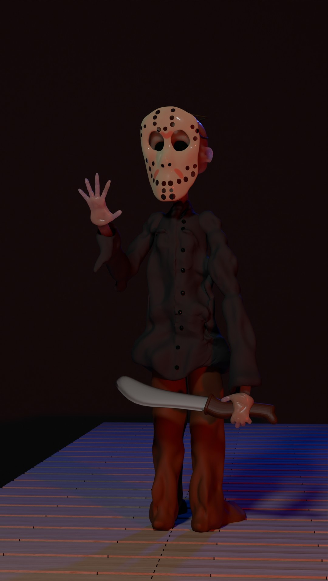 Jason from Friday the 13th stands there as a kid in his oversized clothes and mask. It's a 3D piece of art in the style of pixar animations, at least attempted so.